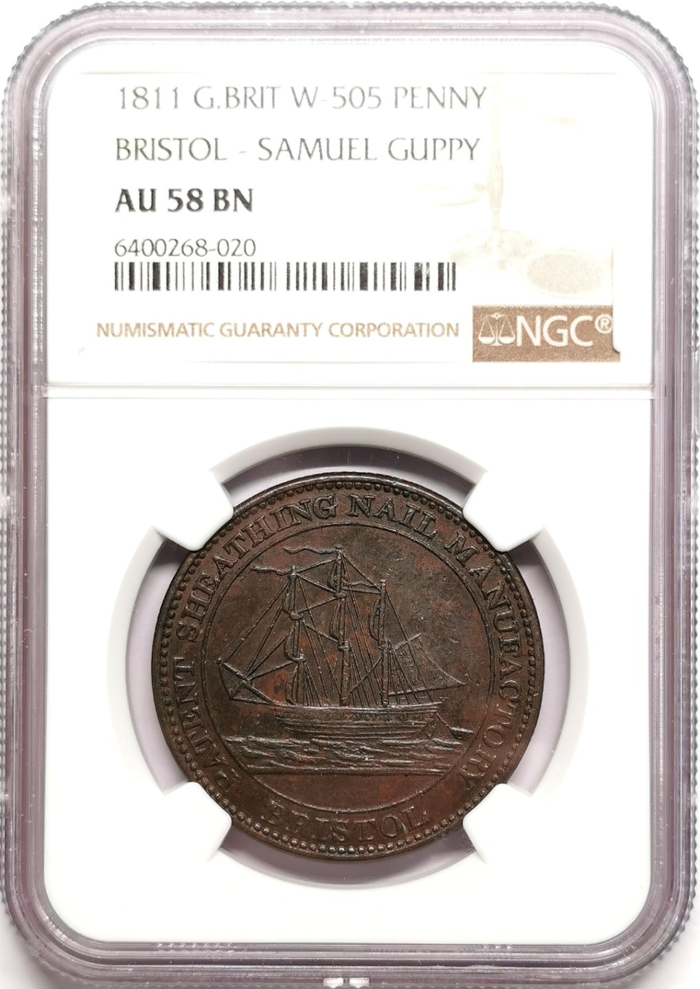 凡希社世界钱币微拍第二百三十八期 1811英国布里斯托1便士TKN NGC-AU58船钉制造商稀见！
