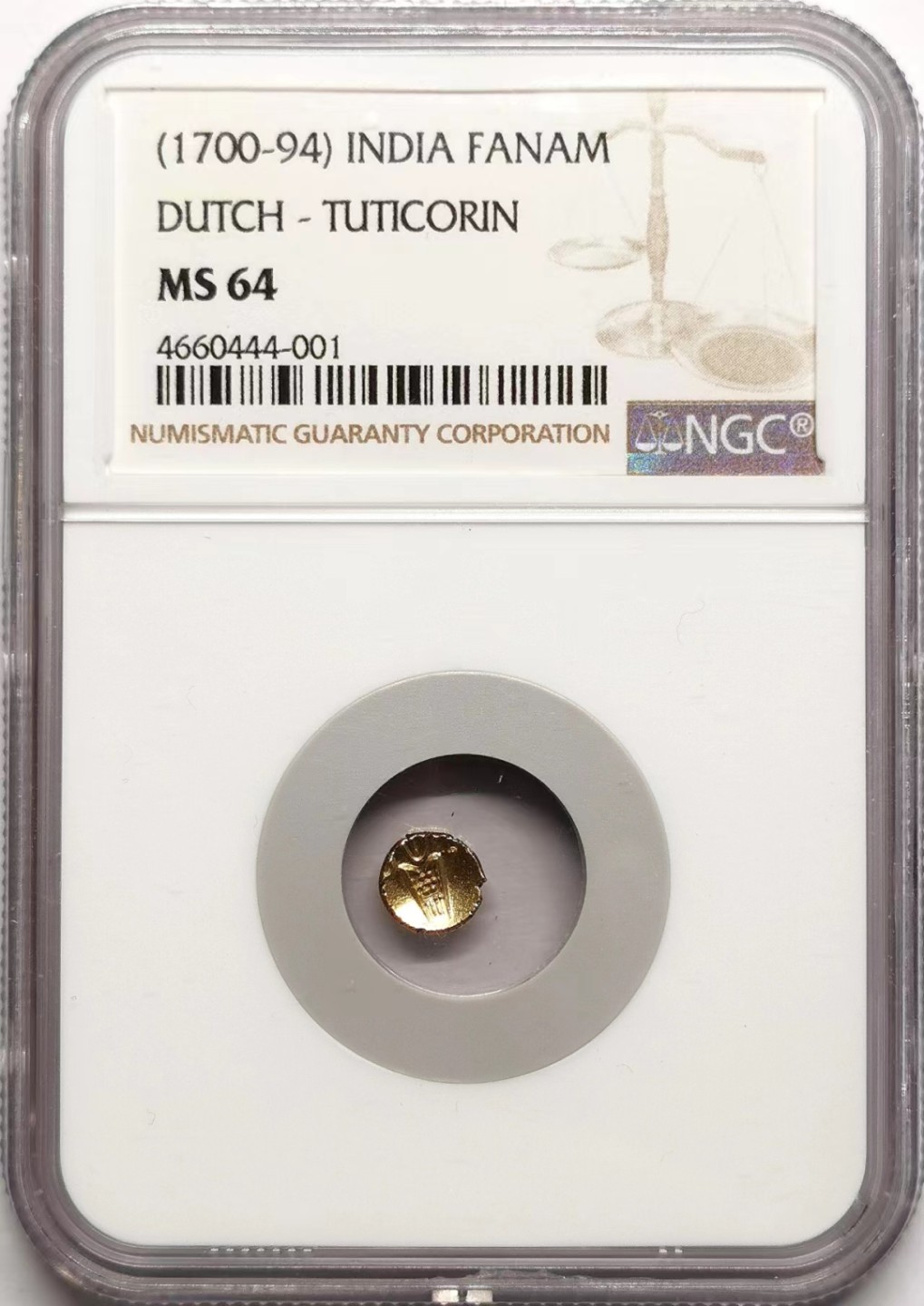 凡希社世界钱币微拍第二百三十八期 1700-94荷属杜蒂戈林Fanam小金币NGC-MS64