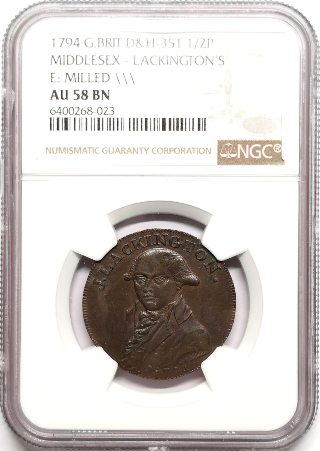 凡希社世界钱币微拍第二百三十八期 1794米德尔塞克斯莱肯敦1/2便士TKN NGC-AU58