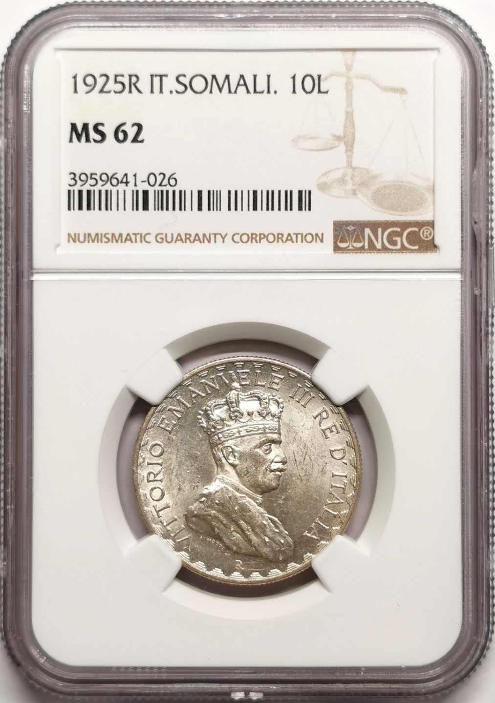 凡希社世界钱币微拍第二百三十八期 荐！1925意属索马里10里拉NGC-MS62非洲殖民地名誉品！