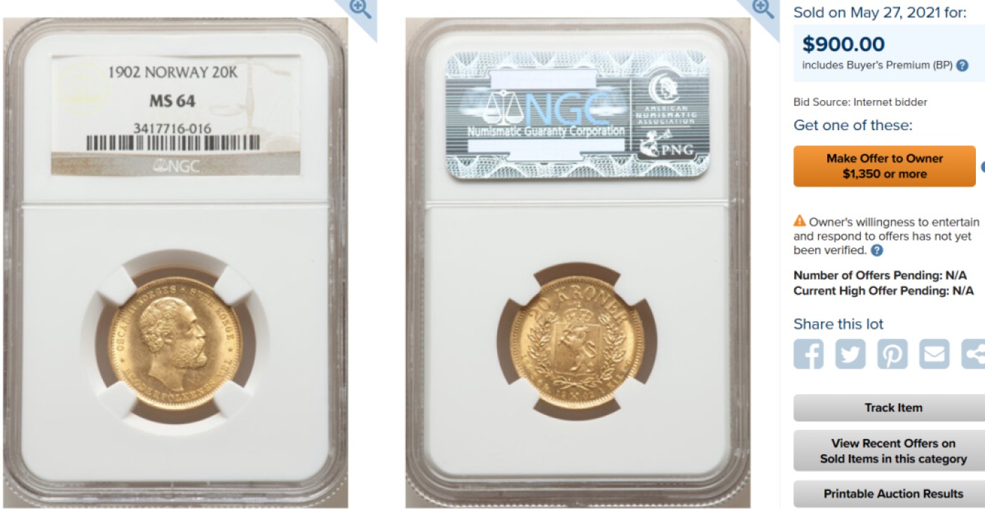 博洋堂马克藏家退坑小专场暨第026期（全场包邮） NGC MS64 挪威1902年奥斯卡二世20克朗金币 北欧少见品种金币 麦稀奇首见
