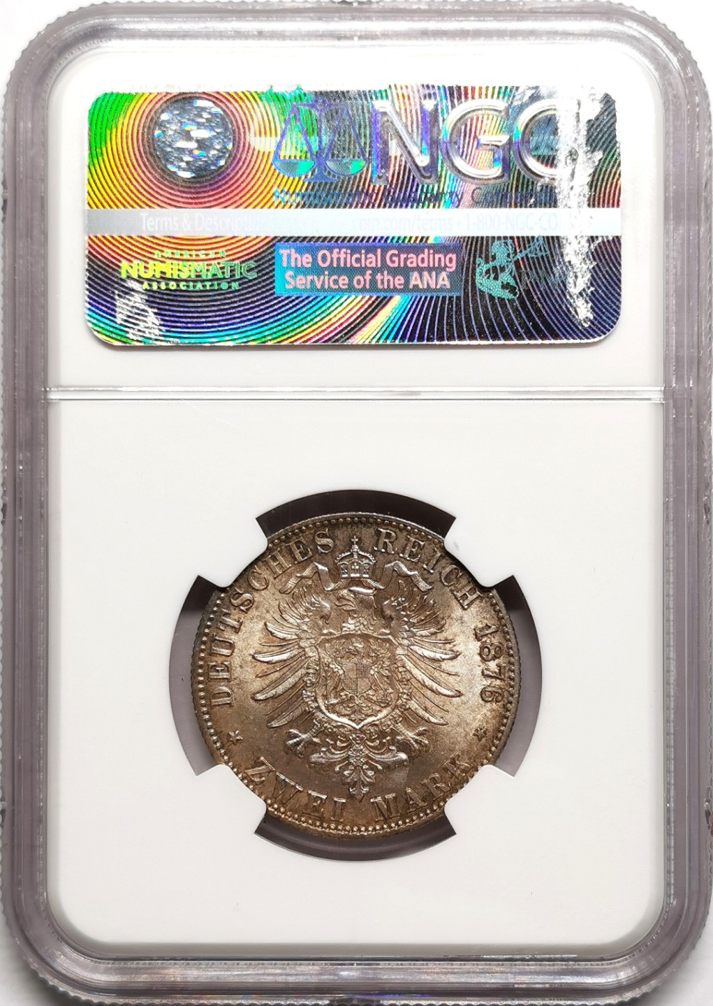 凡希社世界钱币微拍第二百三十八期 稀！1876普鲁士威廉一世短翅2马克NGC-MS64淡紫罗兰环彩冠军分！