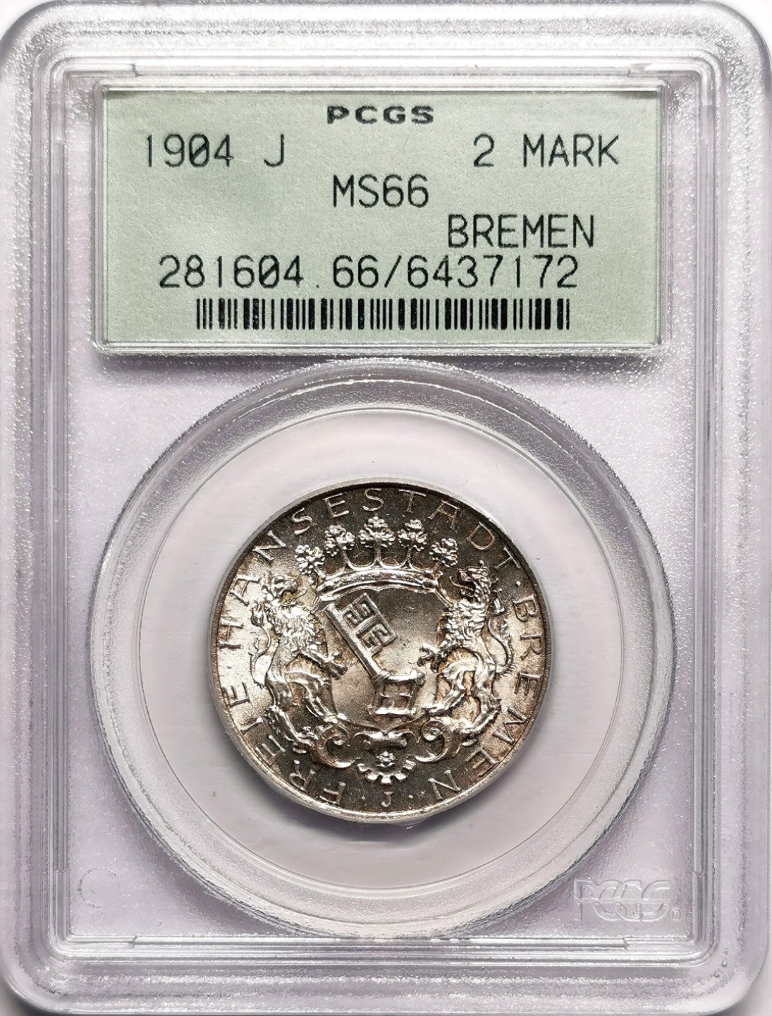 凡希社世界钱币微拍第二百三十八期 1904J不来梅2马克PCGS-MS66高分绿标老盒！