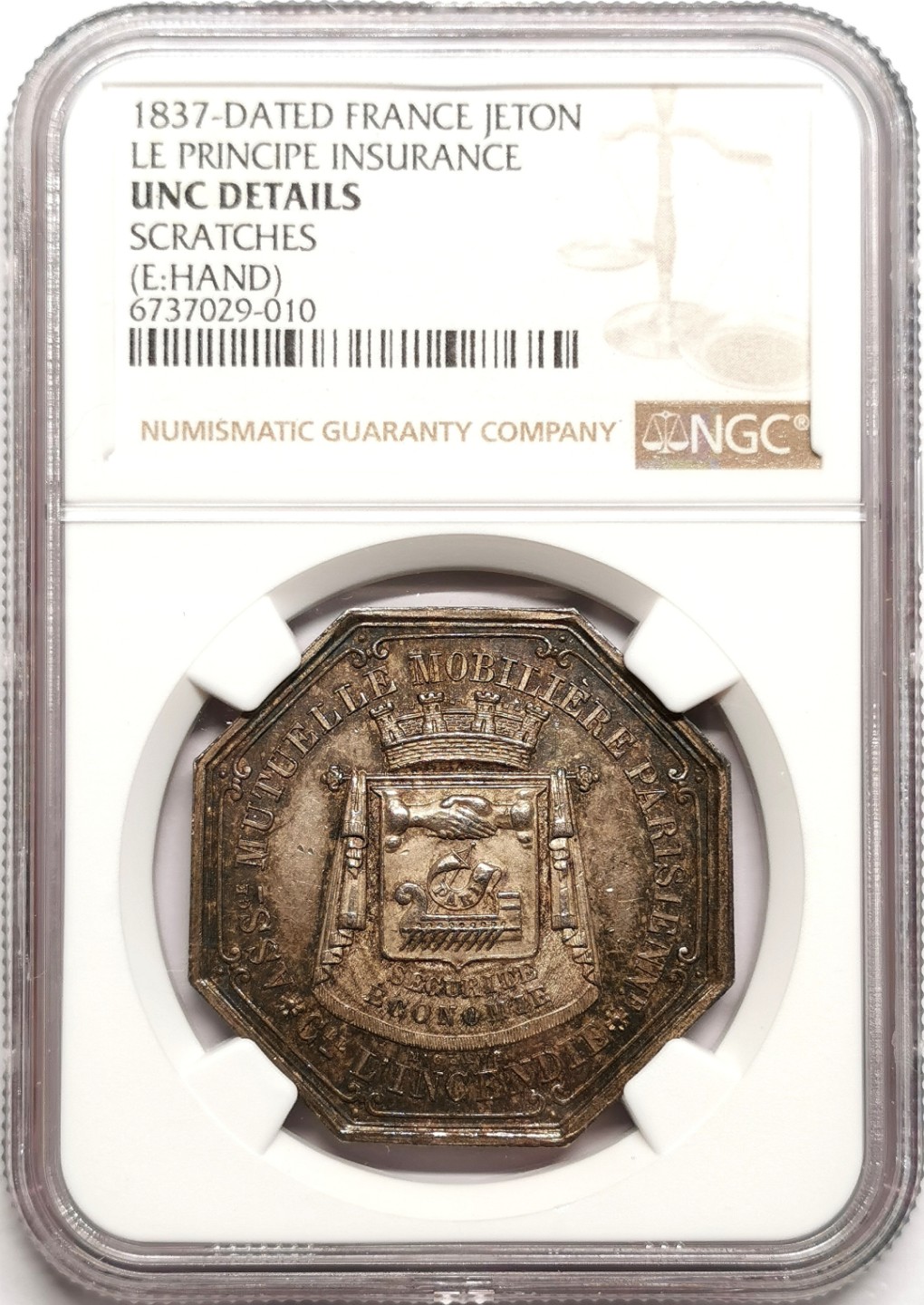 凡希社世界钱币微拍第二百三十八期 1837法国原则保险公司八角银章NGC-UNCD