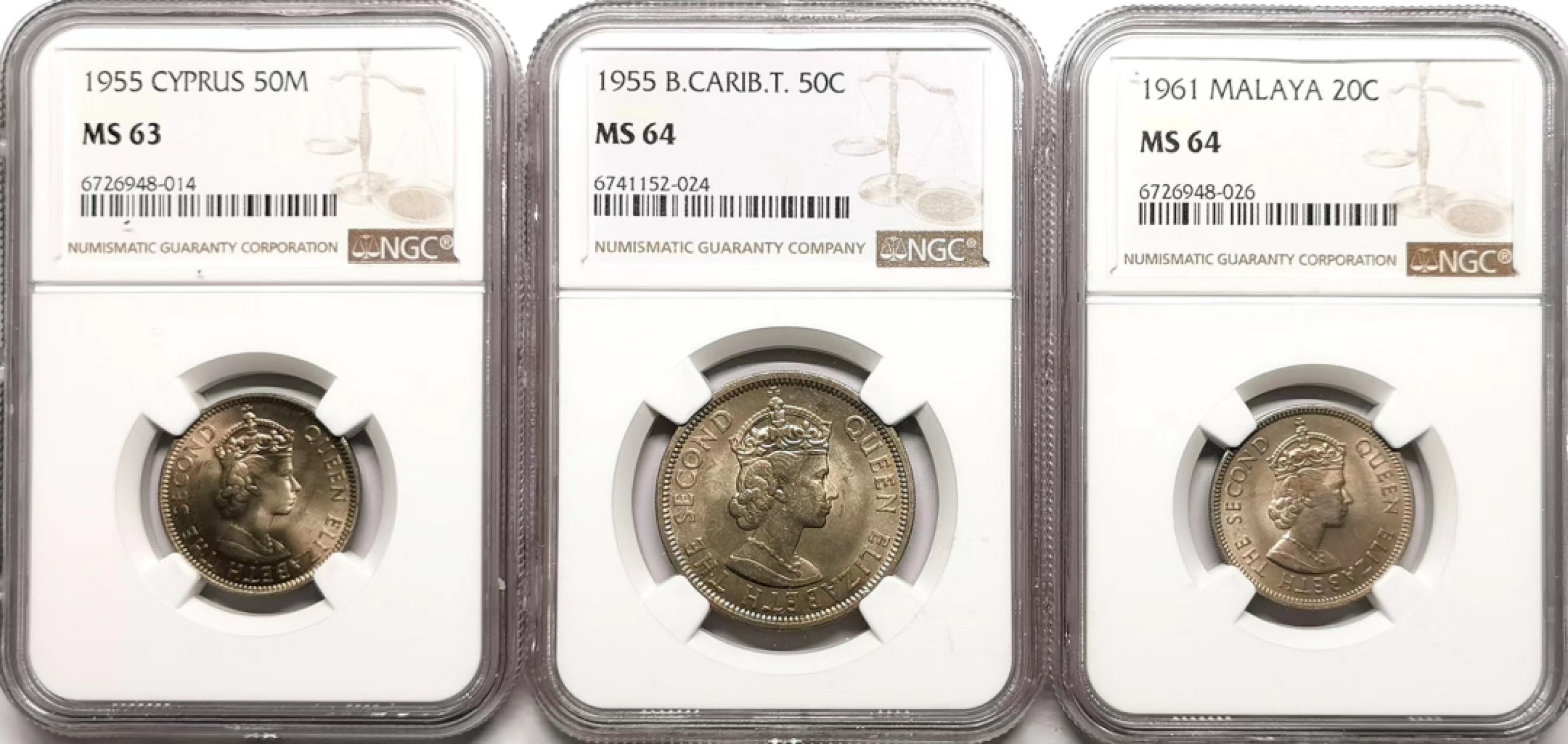 凡希社世界钱币微拍第二百三十八期 塞浦路斯/东加勒比/马来亚伊丽莎白镍辅币三枚一组NGC 帝国余晖！