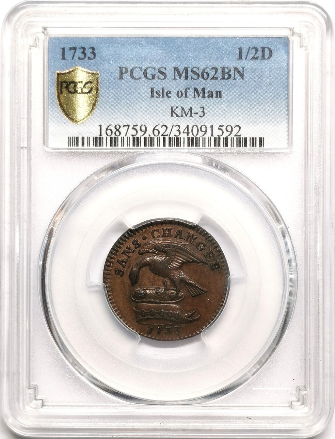 凡希社世界钱币微拍第二百三十八期 荐！1733马恩岛德比伯爵领地1/2便士铜币PCGS-MS63伯爵纹章&格言！