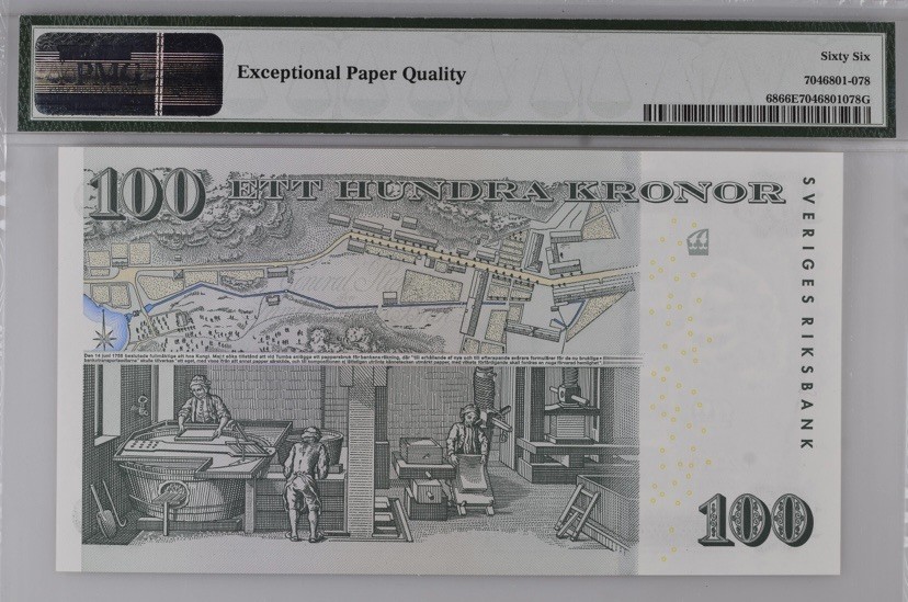 收藏联盟Quantum Auction 第258期拍卖  瑞典2005年100克朗雕刻局纪念钞 PMG66
