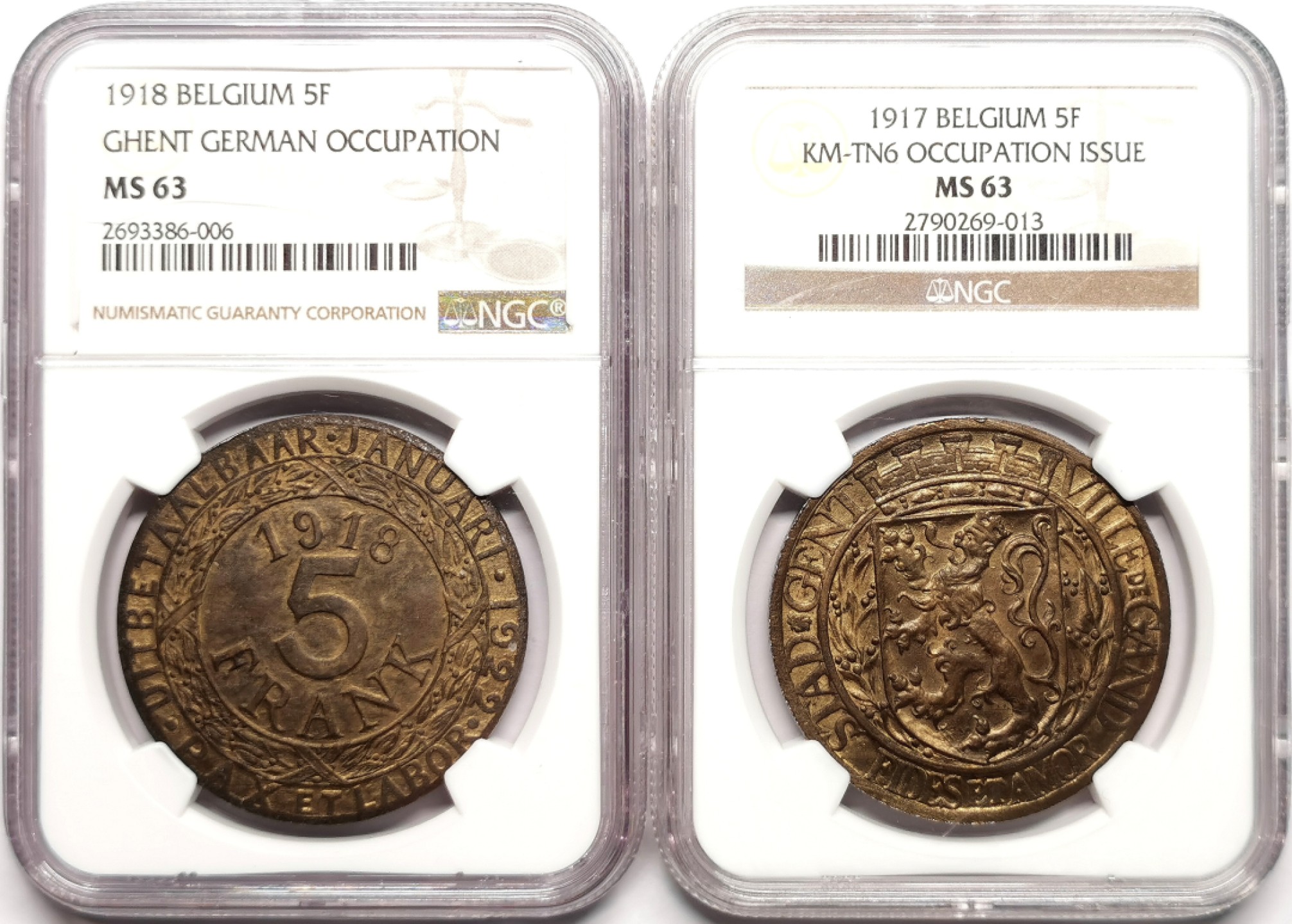 凡希社世界钱币微拍第二百三十八期 1917/8比利时根特围城5法郎紧急币两个版本一对NGC-MS63藏家品质！