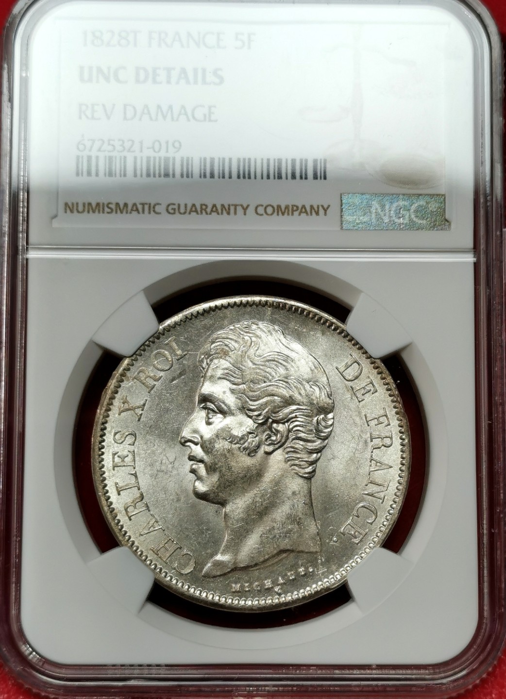 凡希社世界钱币微拍第二百三十八期 1828T法国查理十世5法郎大银NGC-UNCD实物银光极好！