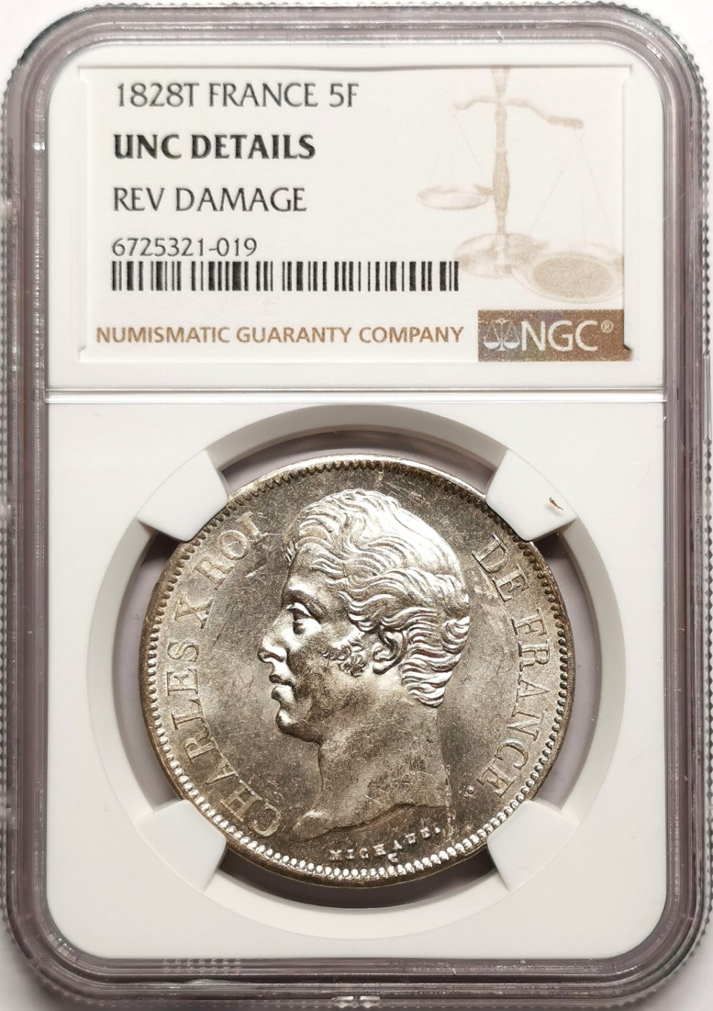 凡希社世界钱币微拍第二百三十八期 1828T法国查理十世5法郎大银NGC-UNCD实物银光极好！