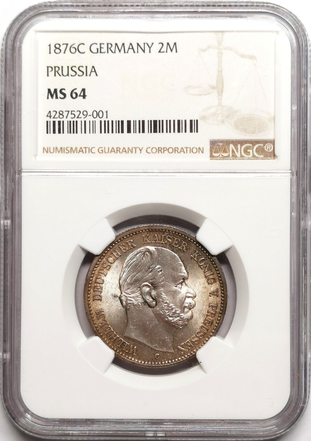 凡希社世界钱币微拍第二百三十八期 稀！1876普鲁士威廉一世短翅2马克NGC-MS64淡紫罗兰环彩冠军分！