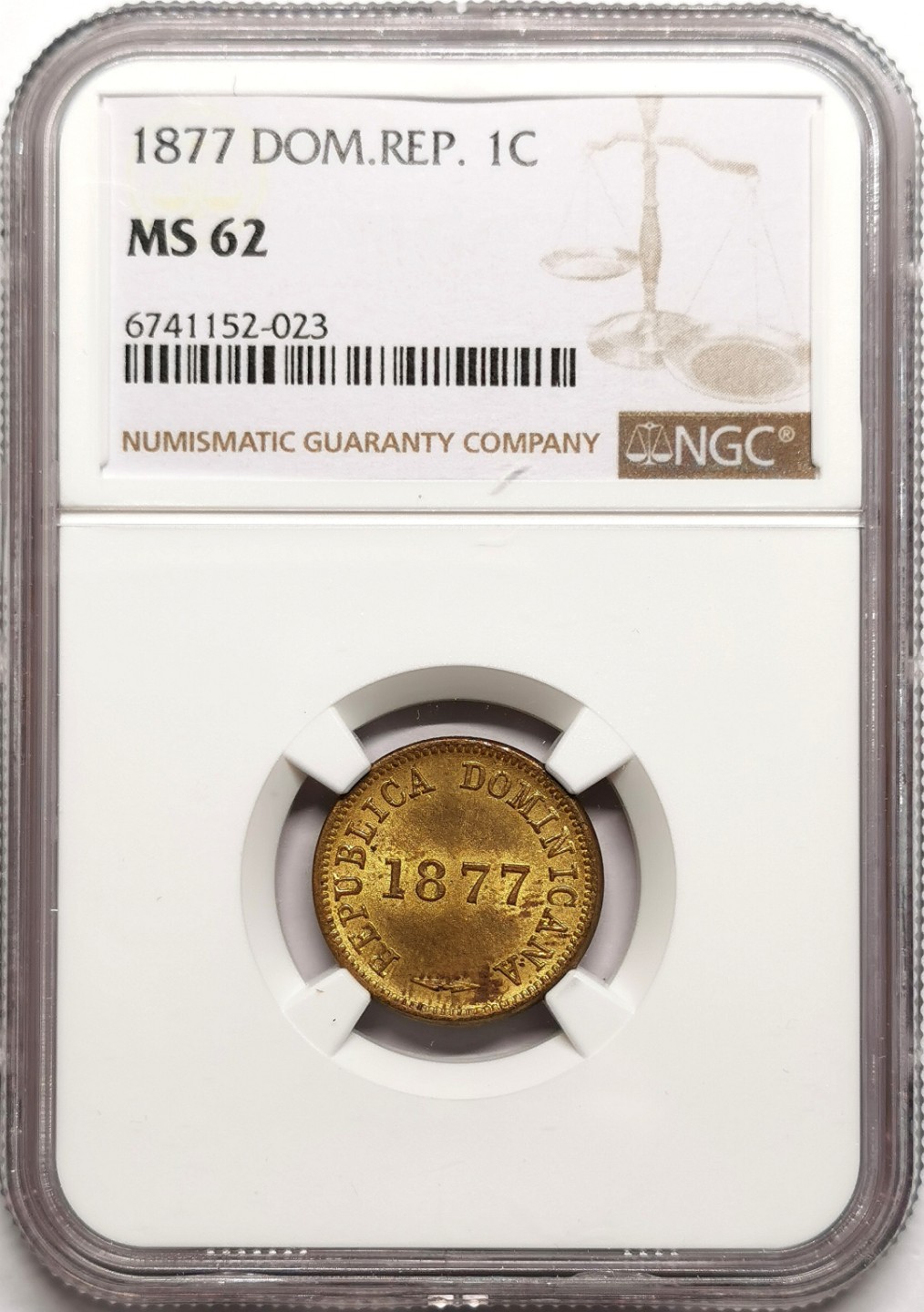 凡希社世界钱币微拍第二百三十八期 1877多米尼加1分黄铜币NGC-MS62