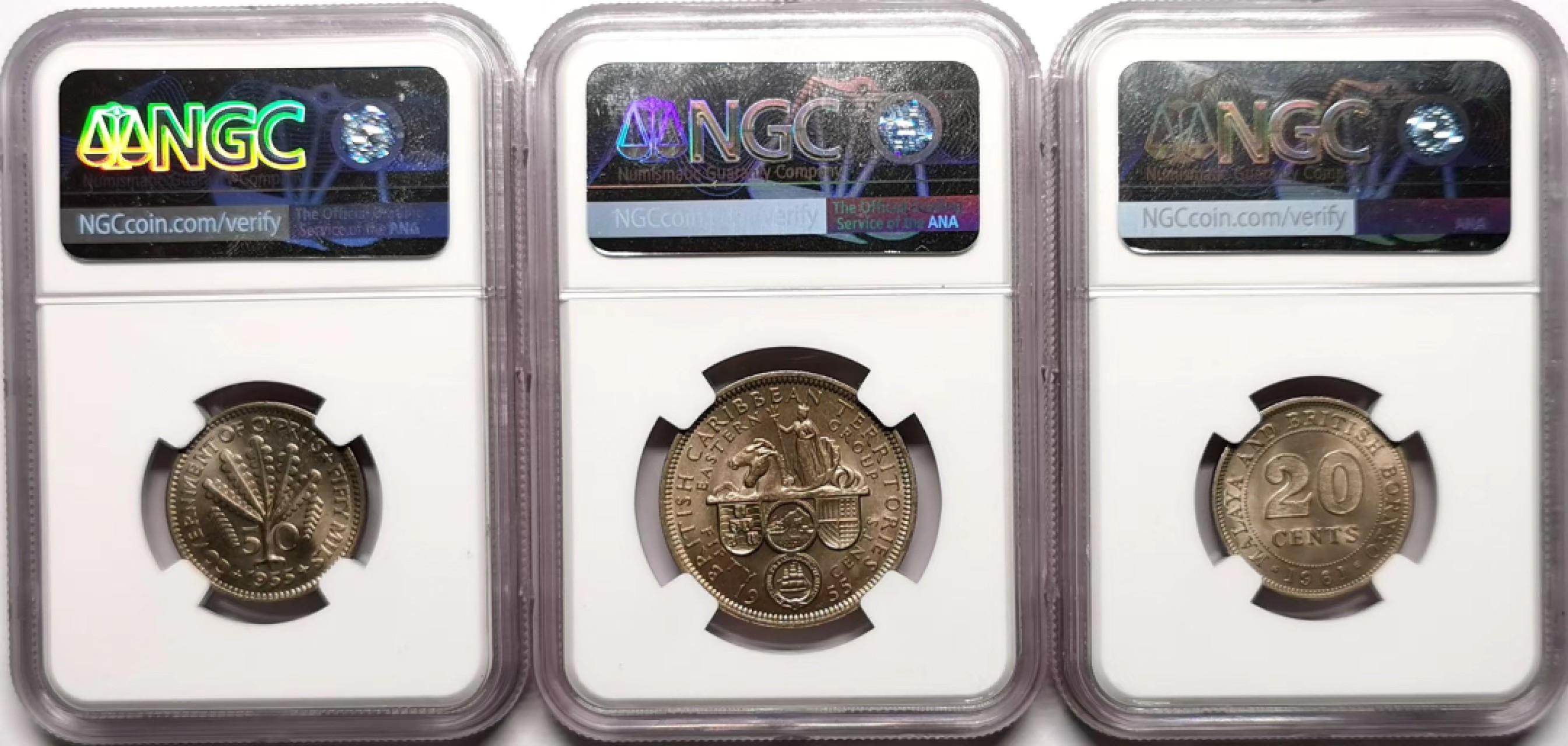 凡希社世界钱币微拍第二百三十八期 塞浦路斯/东加勒比/马来亚伊丽莎白镍辅币三枚一组NGC 帝国余晖！