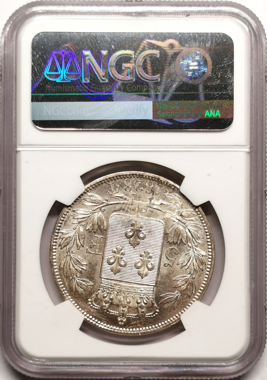 凡希社世界钱币微拍第二百三十八期 1828T法国查理十世5法郎大银NGC-UNCD实物银光极好！