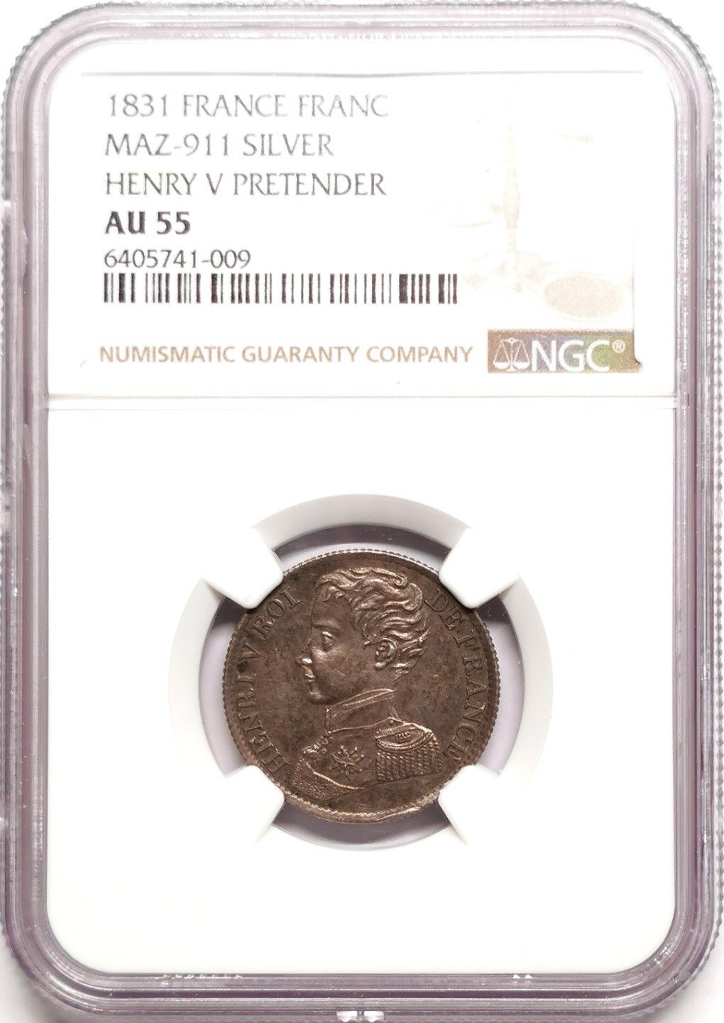 凡希社世界钱币微拍第二百三十八期 1831法国亨利五世僭位法郎NGC-AU55