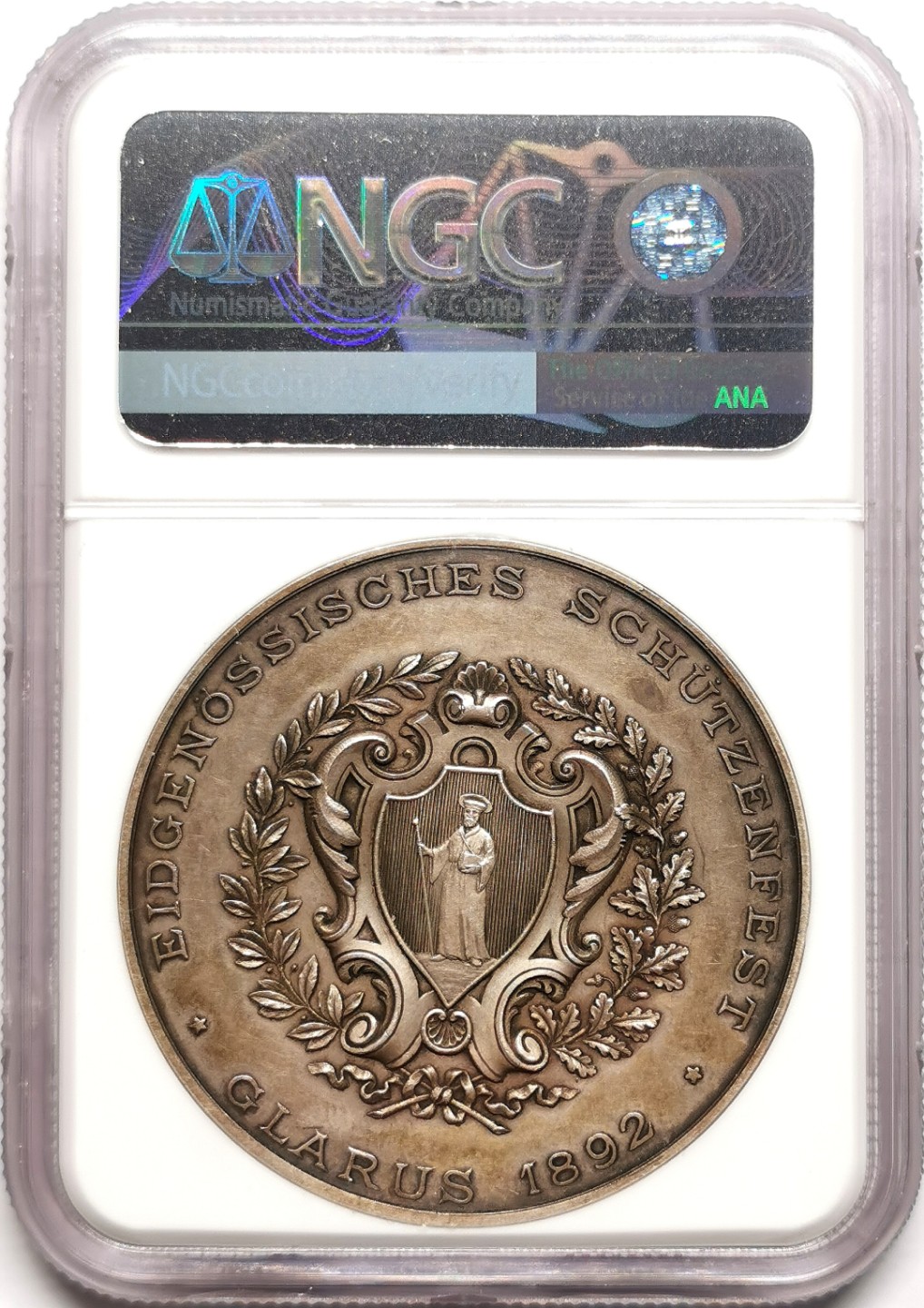 凡希社世界钱币微拍第二百三十八期 1892瑞士格拉鲁斯射击节纪念银章NGC-MS61