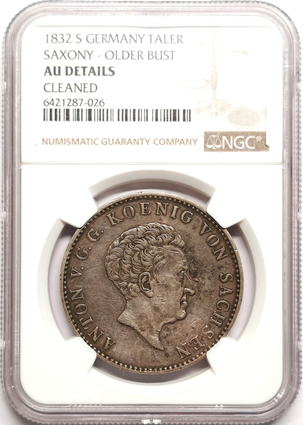 凡希社世界钱币微拍第二百三十八期 1832S萨克森老年头像泰勒大银NGC-AUD