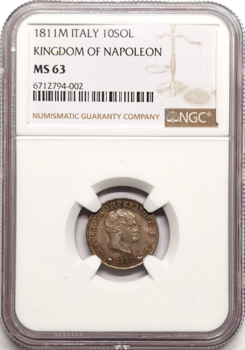 凡希社世界钱币微拍第二百三十八期 荐！1810拿破仑王国10SOL银辅币NGC-MS63灰彩高品！