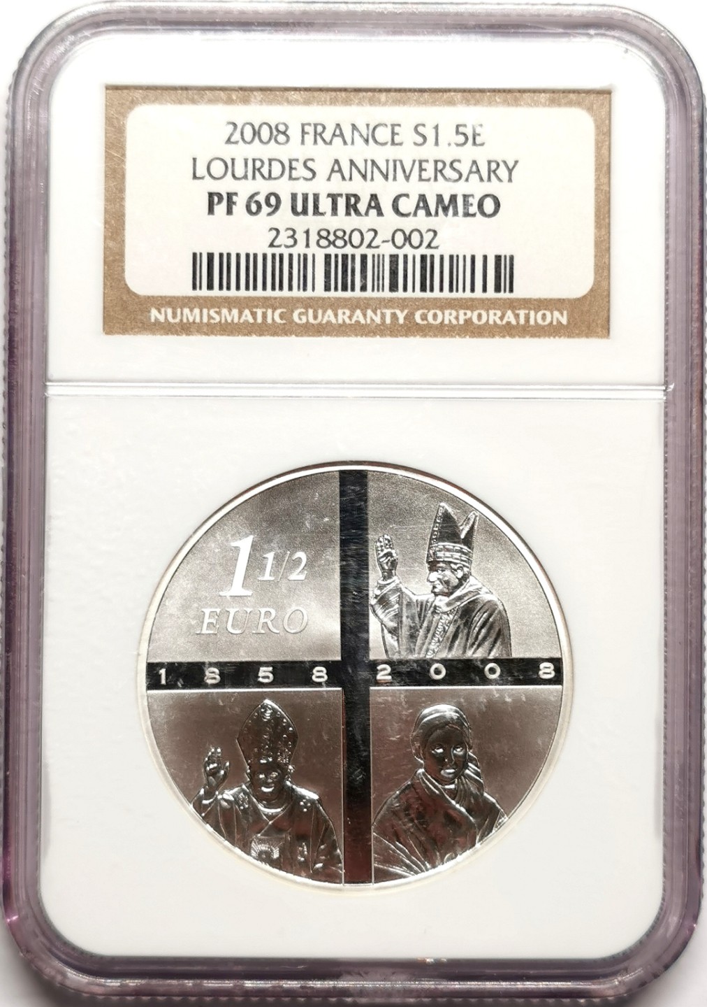 凡希社世界钱币微拍第二百三十八期 2008法国教皇纪念1.5欧罗银币精铸NGC-PF69UC