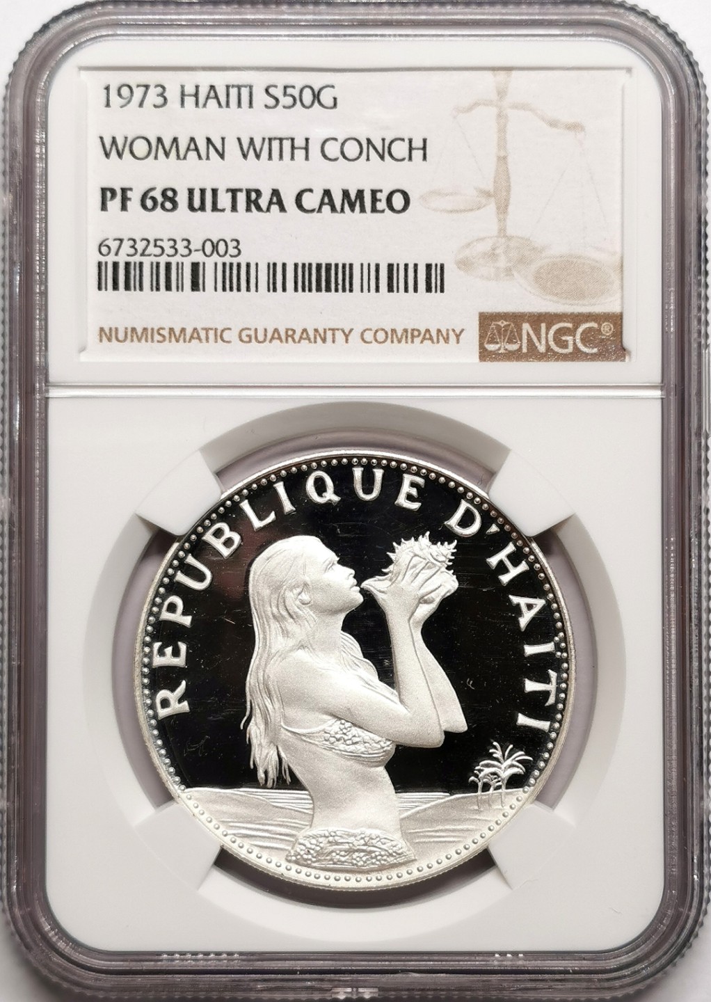 凡希社世界钱币微拍第二百三十八期 1973海地海螺美女50G精铸大银NGC-PF68UC