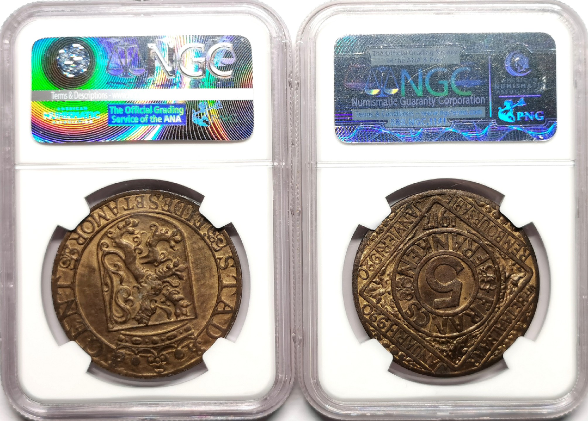 凡希社世界钱币微拍第二百三十八期 1917/8比利时根特围城5法郎紧急币两个版本一对NGC-MS63藏家品质！