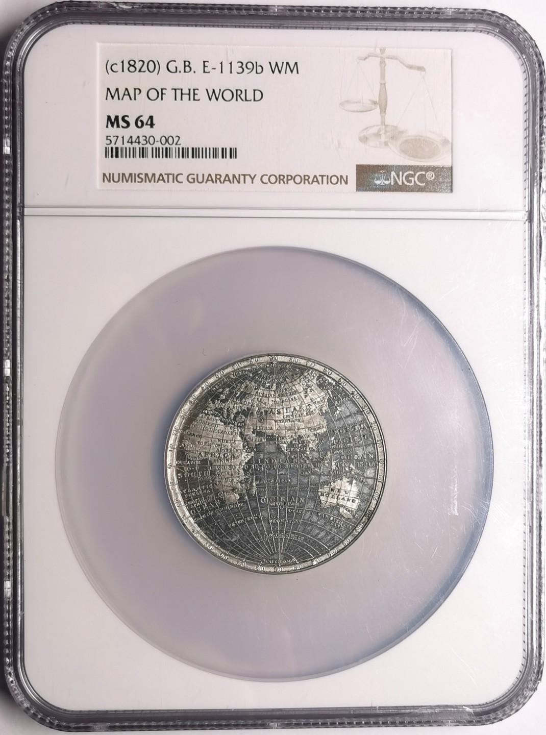 凡希社世界钱币微拍第二百三十八期 稀！1820英国世界地图纪念章白色金属NGC-MS64名章经典！