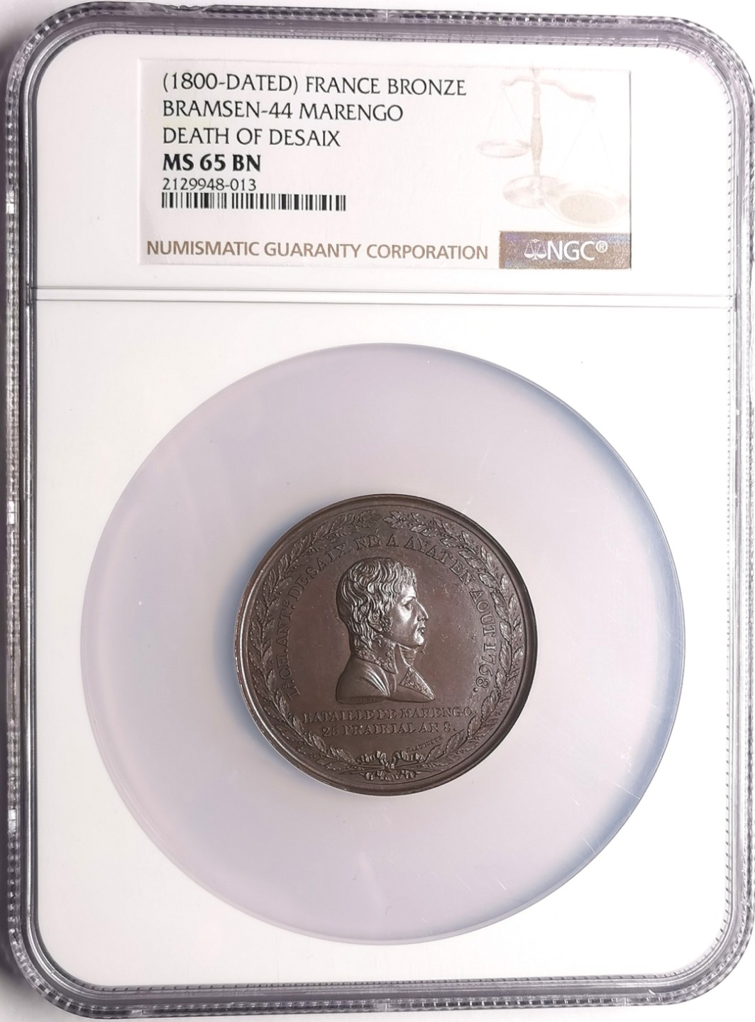 凡希社世界钱币微拍第二百三十八期 1800法国马伦哥战役德赛将军纪念大铜章NGC-MS65巧克力色包浆！