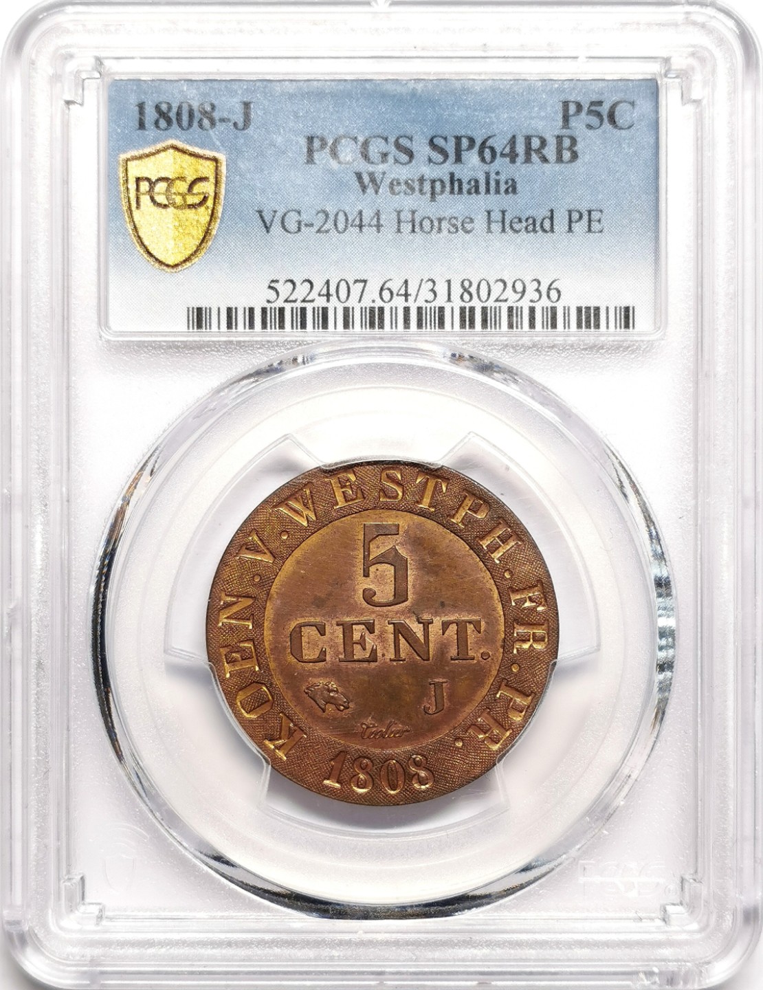 凡希社世界钱币微拍第二百三十八期 荐！1808J威斯特伐利亚王国热罗姆拿破仑5分PCGS-MS64稀有厂版！