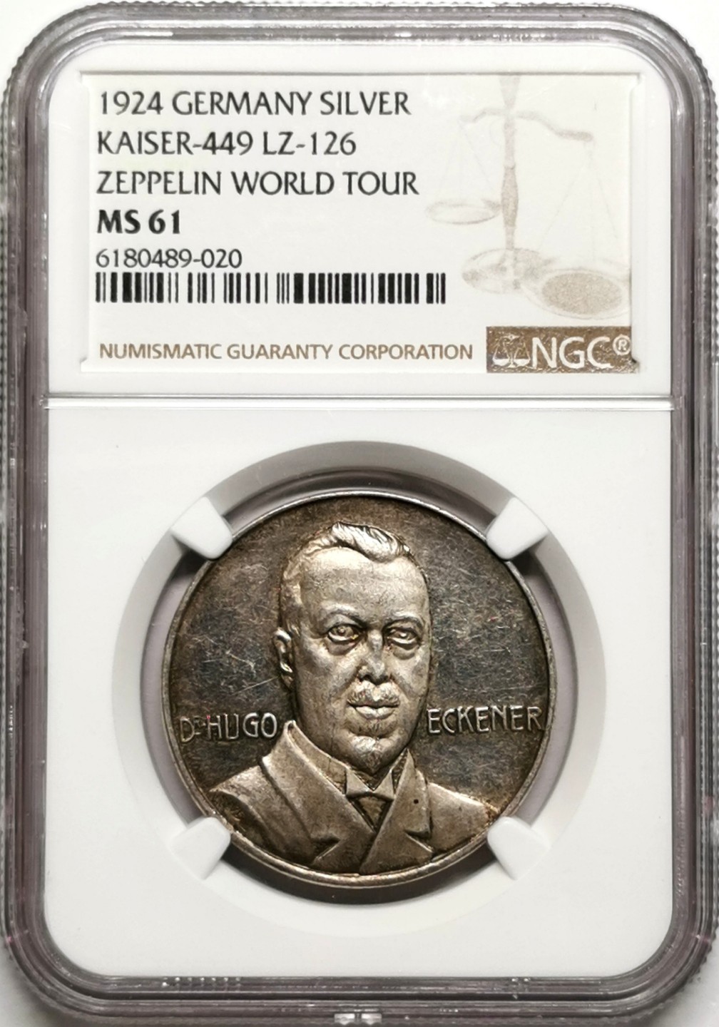 凡希社世界钱币微拍第二百三十八期 1924德国齐柏林飞艇环球飞行纪念银章NGC-MS61