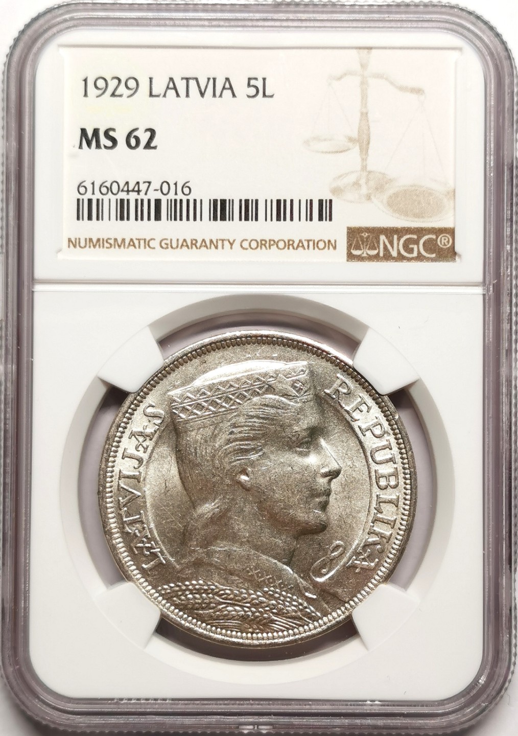 凡希社世界钱币微拍第二百三十八期 1929拉脱维亚5L大银NGC-MS62