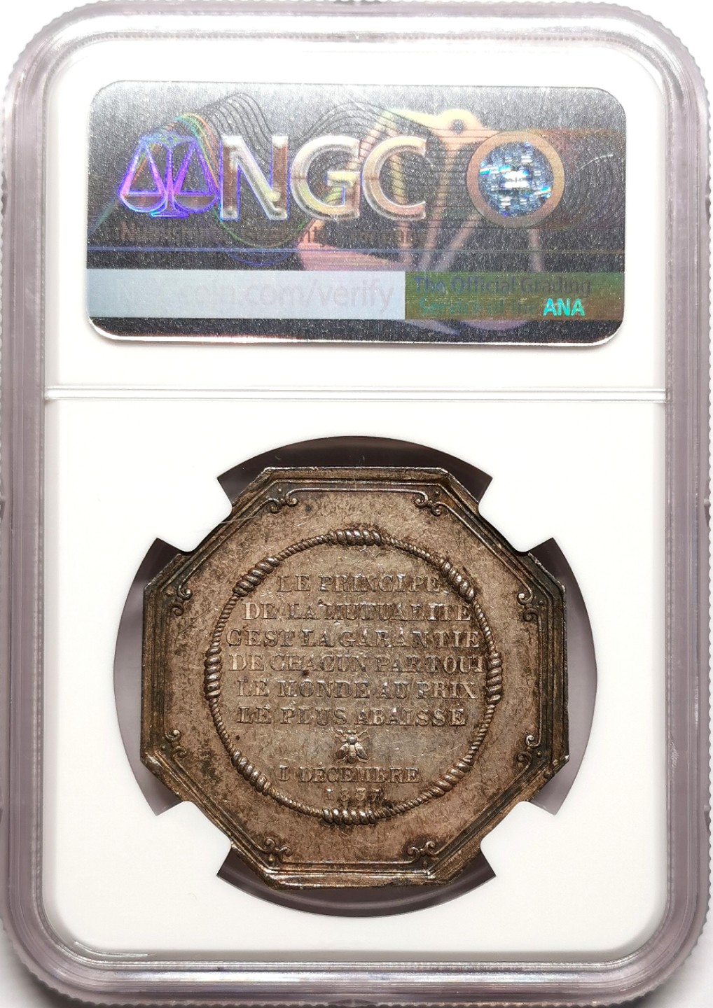 凡希社世界钱币微拍第二百三十八期 1837法国原则保险公司八角银章NGC-UNCD