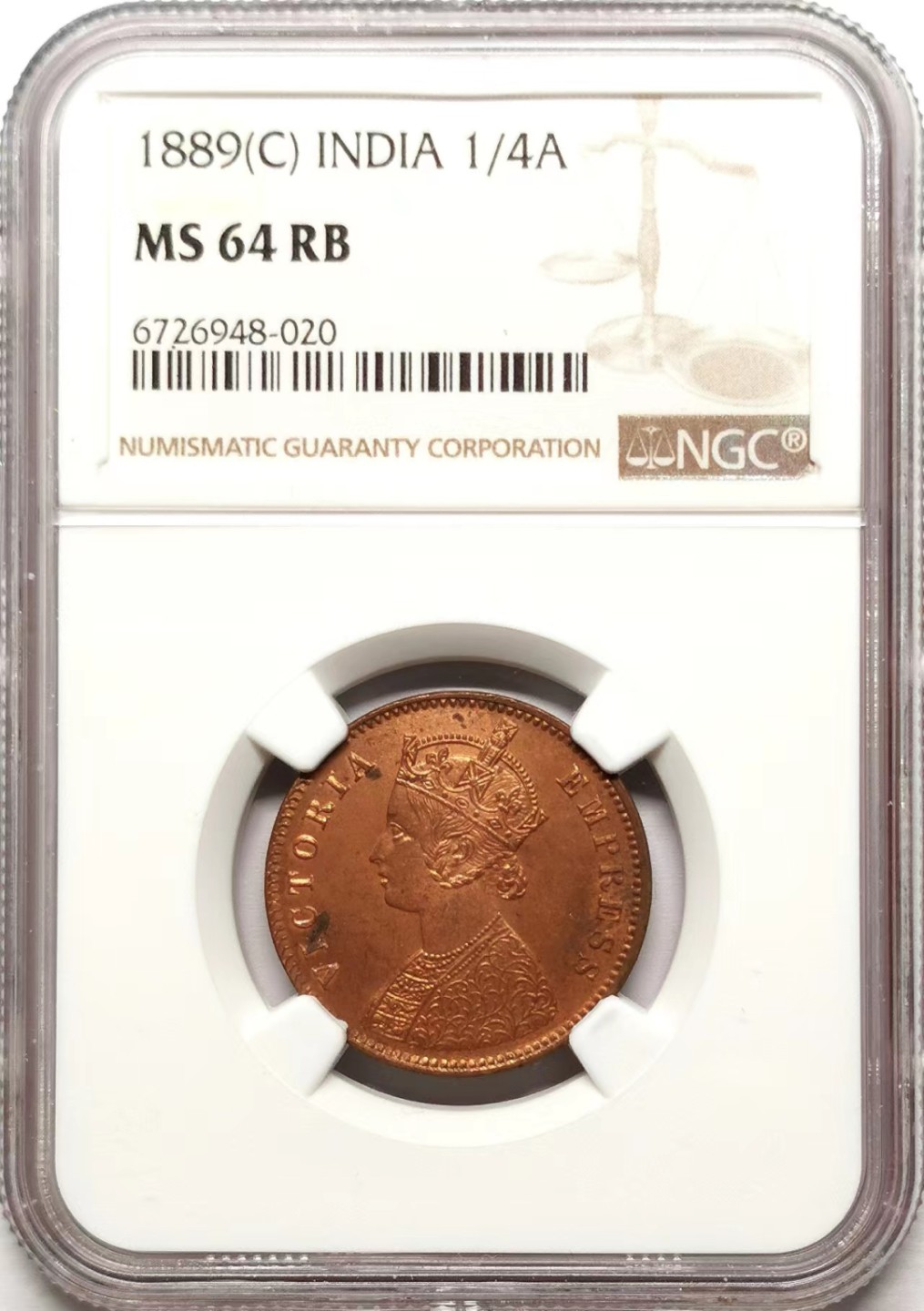 凡希社世界钱币微拍第二百三十八期 1889C英属印度小维1/4安那铜币NGC-MS64红铜光！