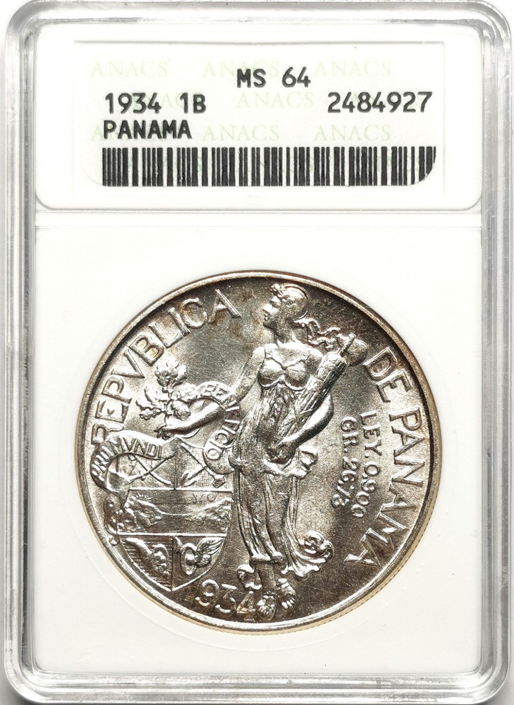 凡希社世界钱币微拍第二百三十八期 1934巴拿马1巴尔博亚大银ANACS-MS64经典小白盒！