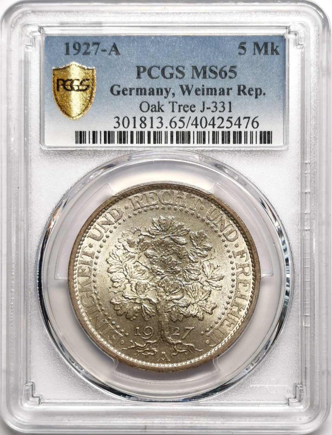 凡希社世界钱币微拍第二百三十八期 1927魏玛德国橡树5马克大银PCGS-MS65色泽一流！