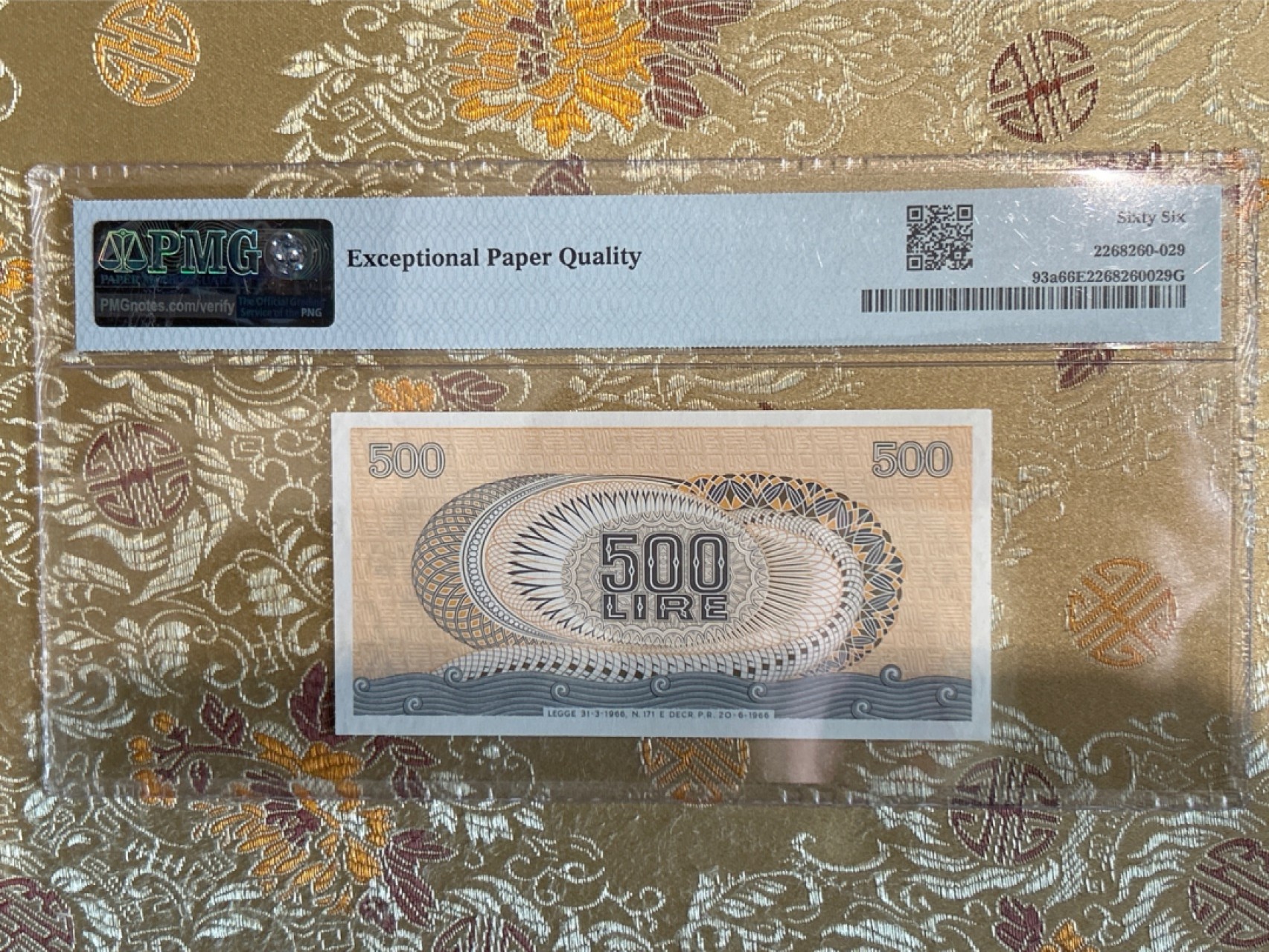 收藏联盟Quantum Auction 第259期拍卖 帝国余辉-印度新金山 意大利1966-70年500里拉 PMG66