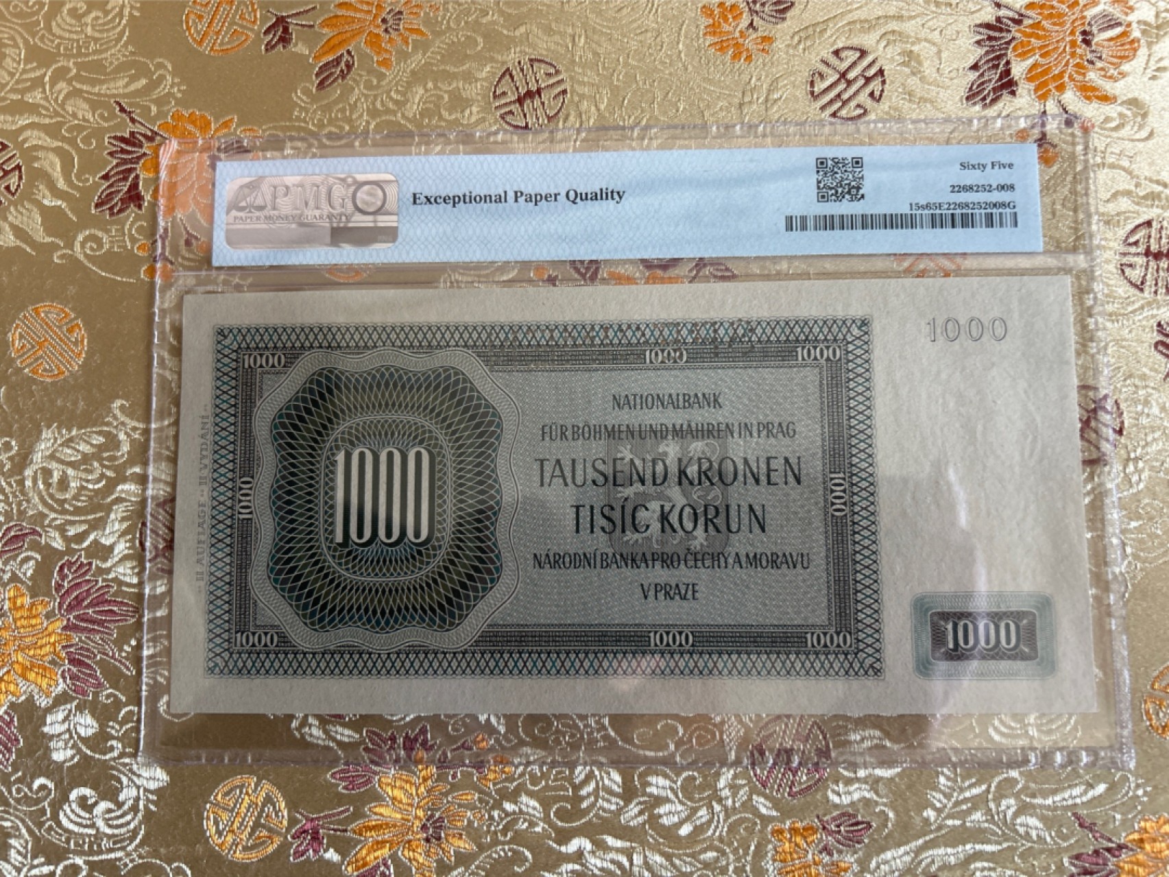收藏联盟Quantum Auction 第261期拍卖  波西米亚和摩拉维亚1942年1000克朗样票 PMG65 查理大桥设计者 建筑师 彼德 帕德拉