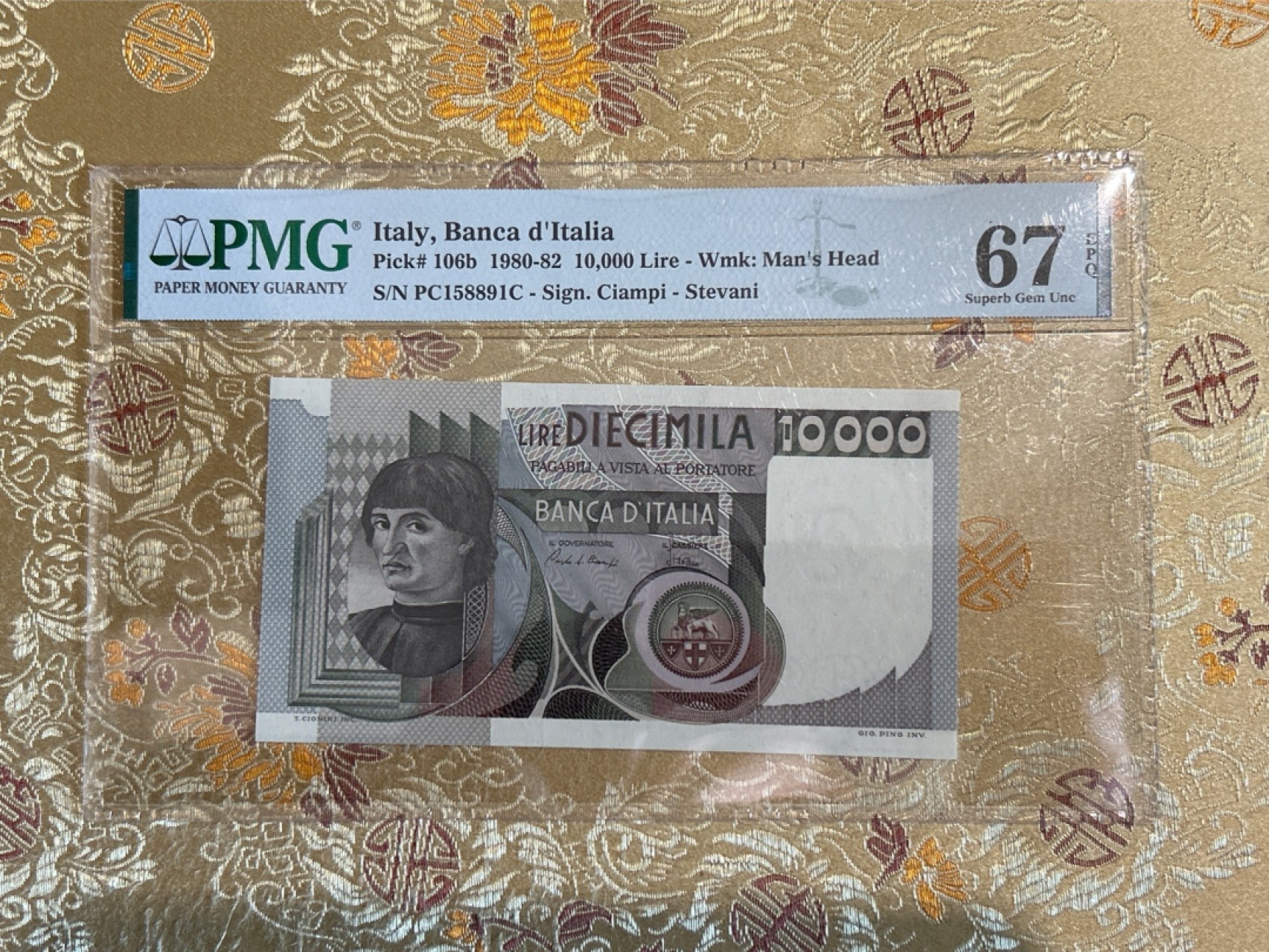 收藏联盟Quantum Auction 第259期拍卖 帝国余辉-印度新金山 意大利1980-82年10000里拉 PMG67 号码无47 文艺复兴佛罗伦萨画派大师卡斯坦诺的自画像