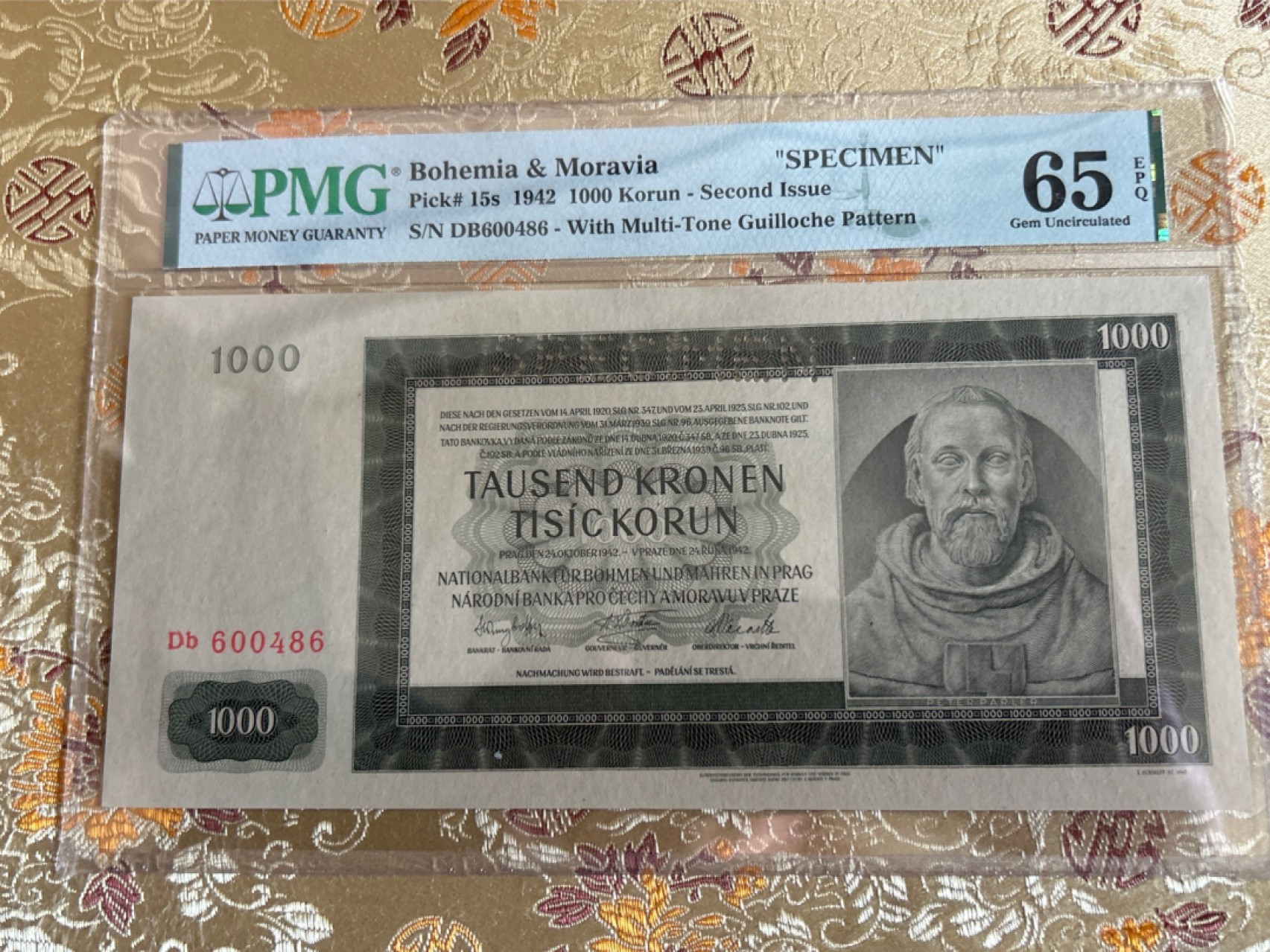 收藏联盟Quantum Auction 第261期拍卖  波西米亚和摩拉维亚1942年1000克朗样票 PMG65 查理大桥设计者 建筑师 彼德 帕德拉