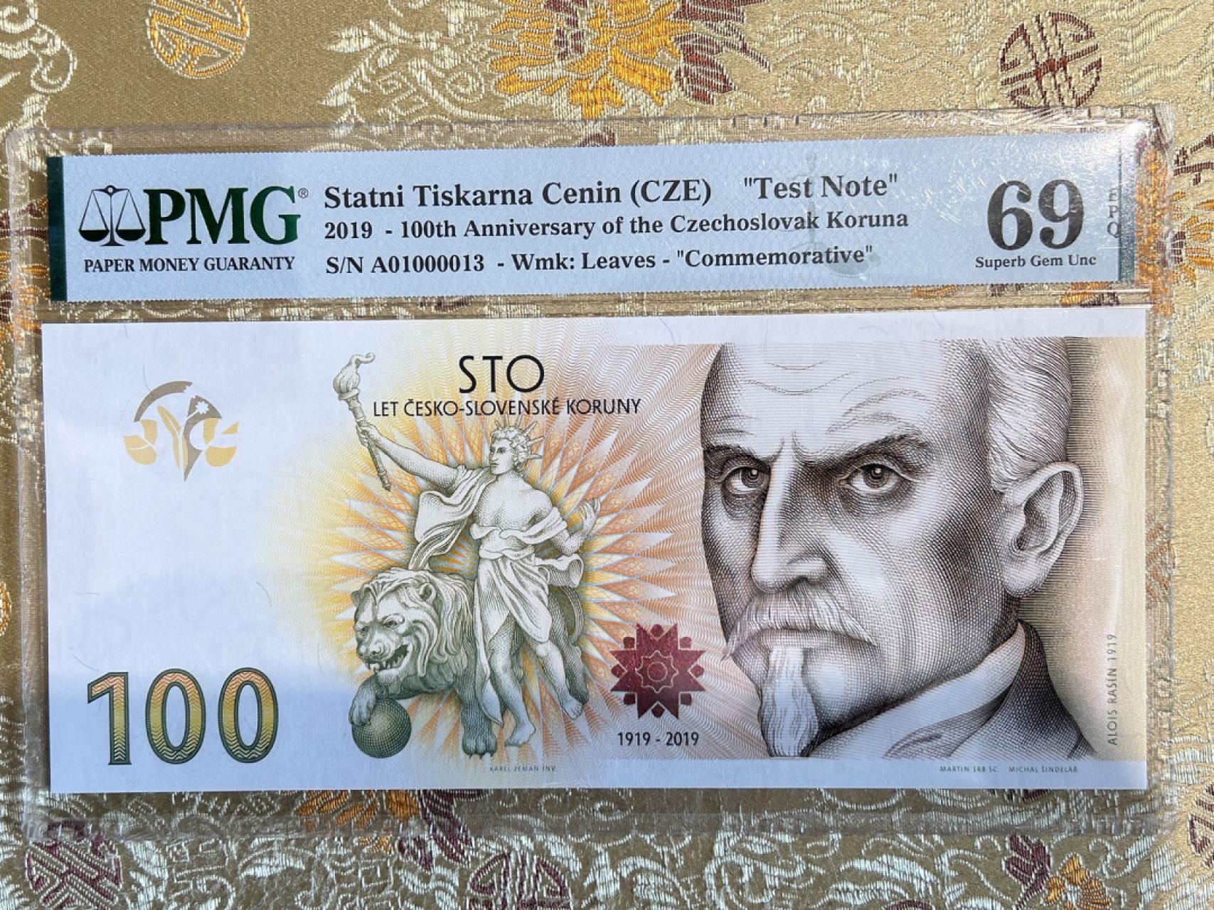 收藏联盟Quantum Auction 第259期拍卖 帝国余辉-印度新金山 CEZ2019年100克朗货币发行100周年纪念测试钞 PMG69 首发冠 超大票幅