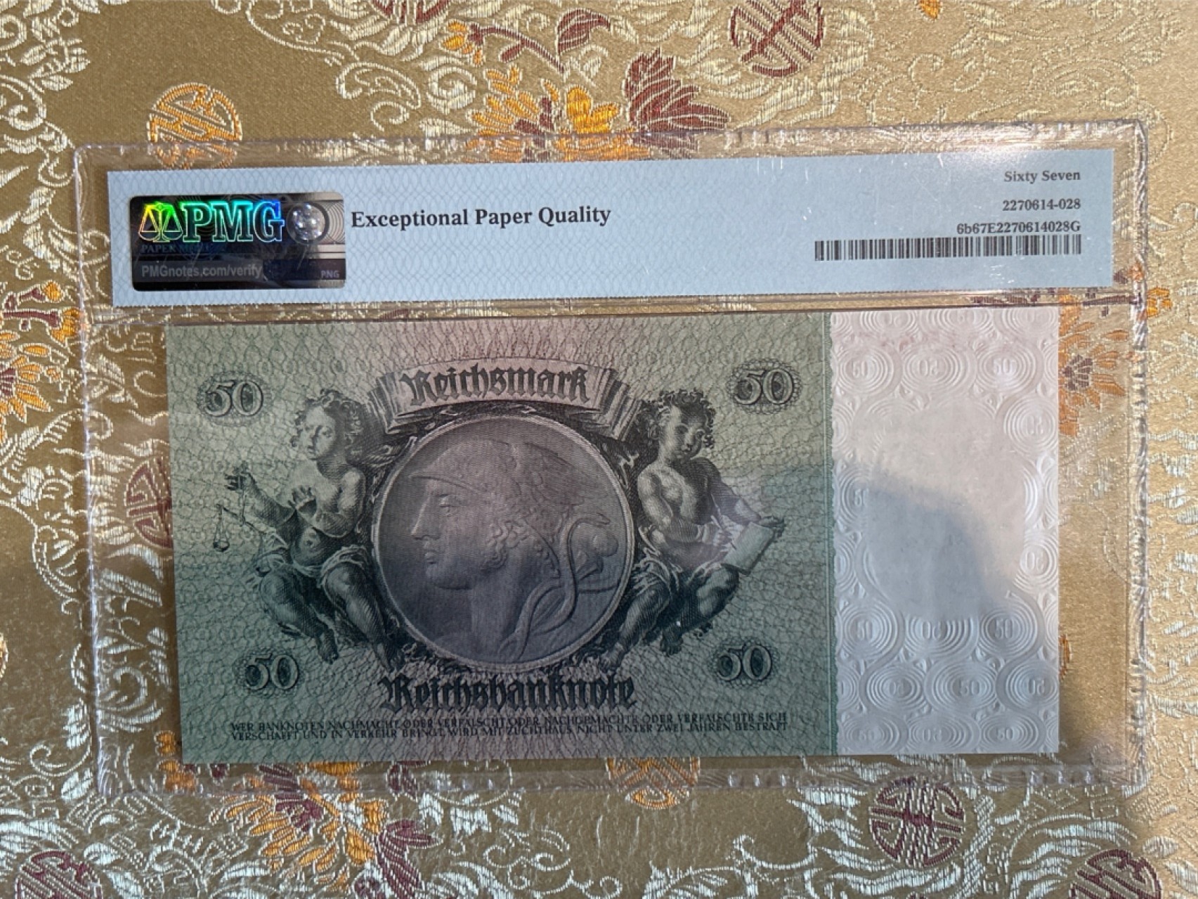 收藏联盟Quantum Auction 第259期拍卖 帝国余辉-印度新金山 德国1948年50马克 PMG67 豹子号 冠军分 普鲁士企业家 银行家 汉泽曼
