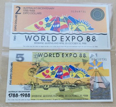 PThappally 第10次拍卖--英联邦领土硬币、精制银币、纪念币，纸钞 - World Expo 88, Two & Five Expo Dollars, last 3 digits tail numbers are same 731 