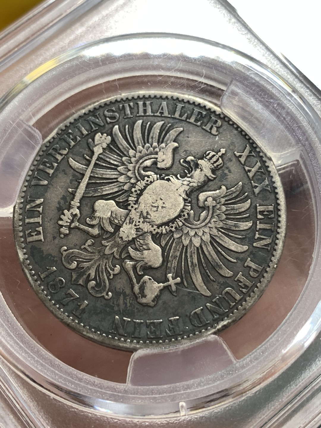 《竞宝斋》第164场-周日，周一，周四 3场 (全场包邮) 1871年德国普鲁士威廉一世1泰勒银币，黑包浆流通品