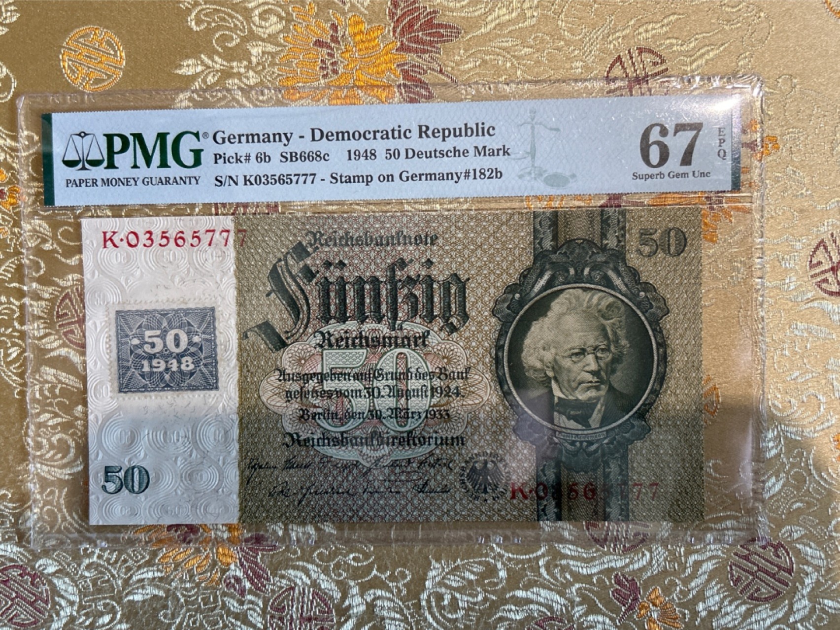 收藏联盟Quantum Auction 第259期拍卖 帝国余辉-印度新金山 德国1948年50马克 PMG67 豹子号 冠军分 普鲁士企业家 银行家 汉泽曼