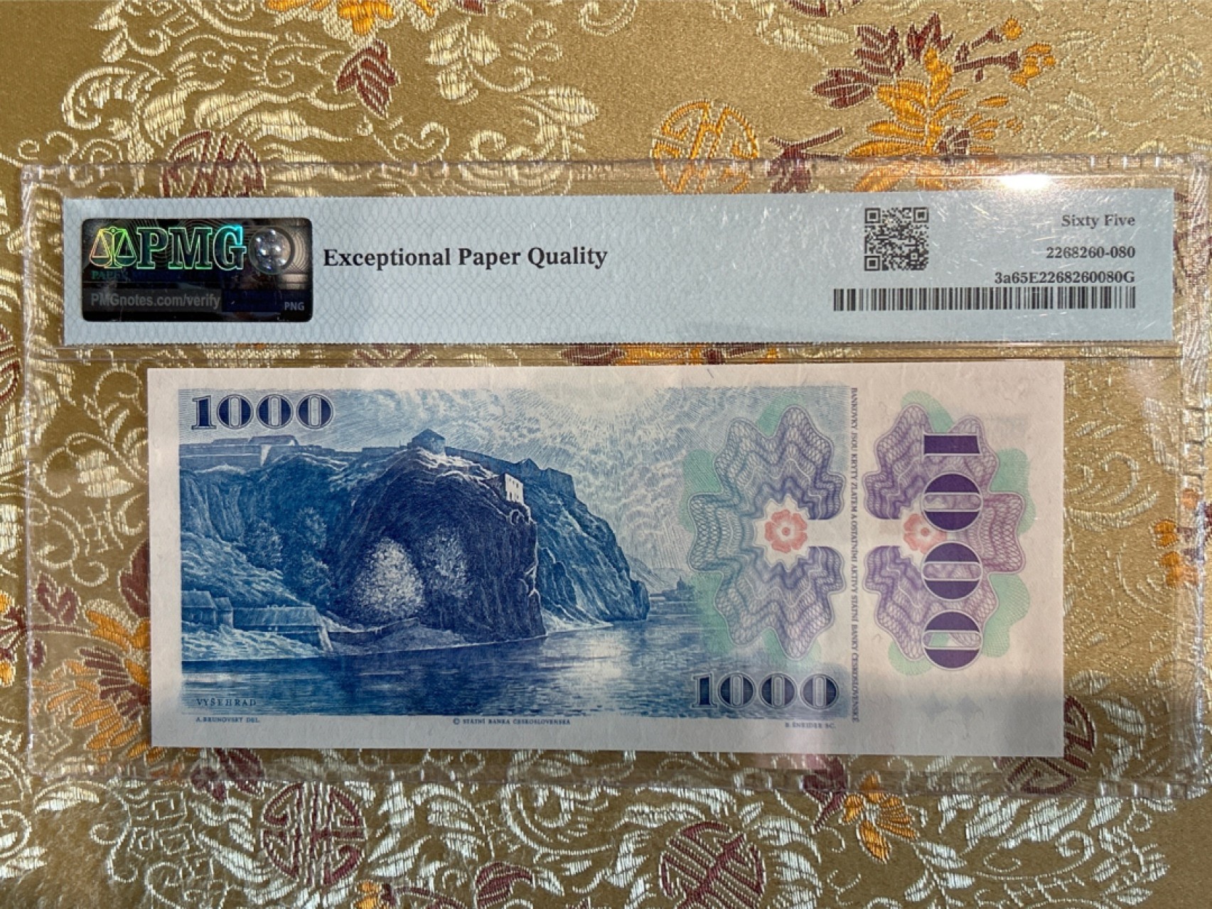 收藏联盟Quantum Auction 第259期拍卖 帝国余辉-印度新金山 捷克斯洛伐克1985版(1993年加贴发行)1000克朗 PMG65 捷克作曲家 指挥家 民族乐派创始人斯美塔那