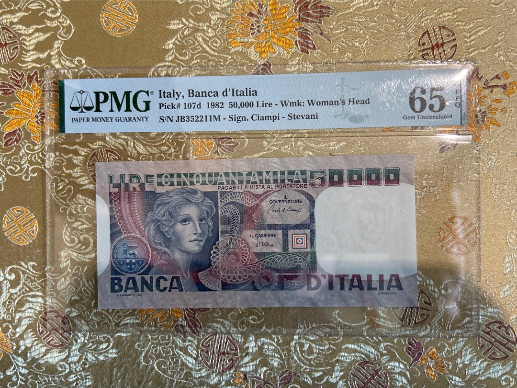 收藏联盟Quantum Auction 第259期拍卖 帝国余辉-印度新金山 意大利1982年50000里拉 PMG65 Guglielmo Savini的画作手稿《女子面庞》