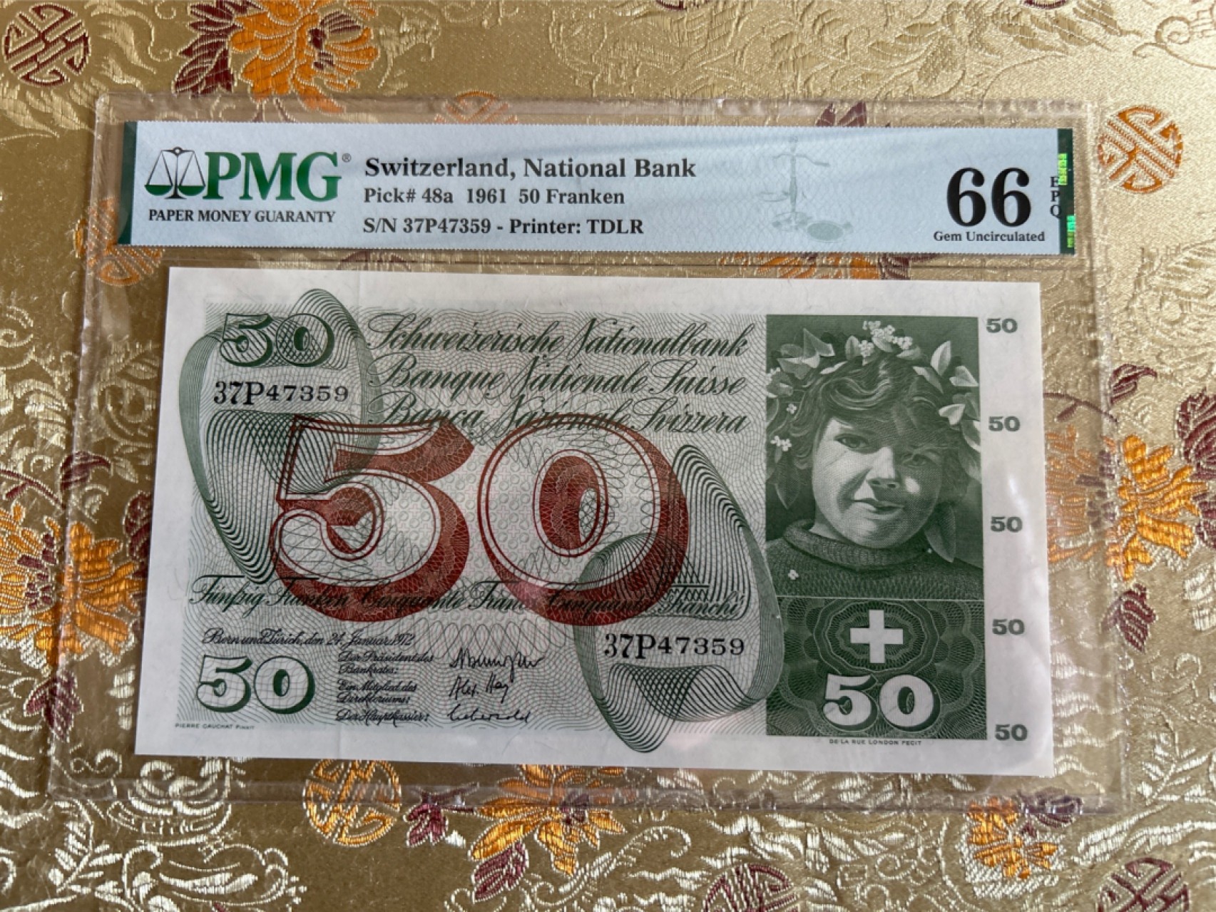 收藏联盟Quantum Auction 第261期拍卖  瑞士1972年50法郎 PMG66 苹果乐园 pmg错标年份