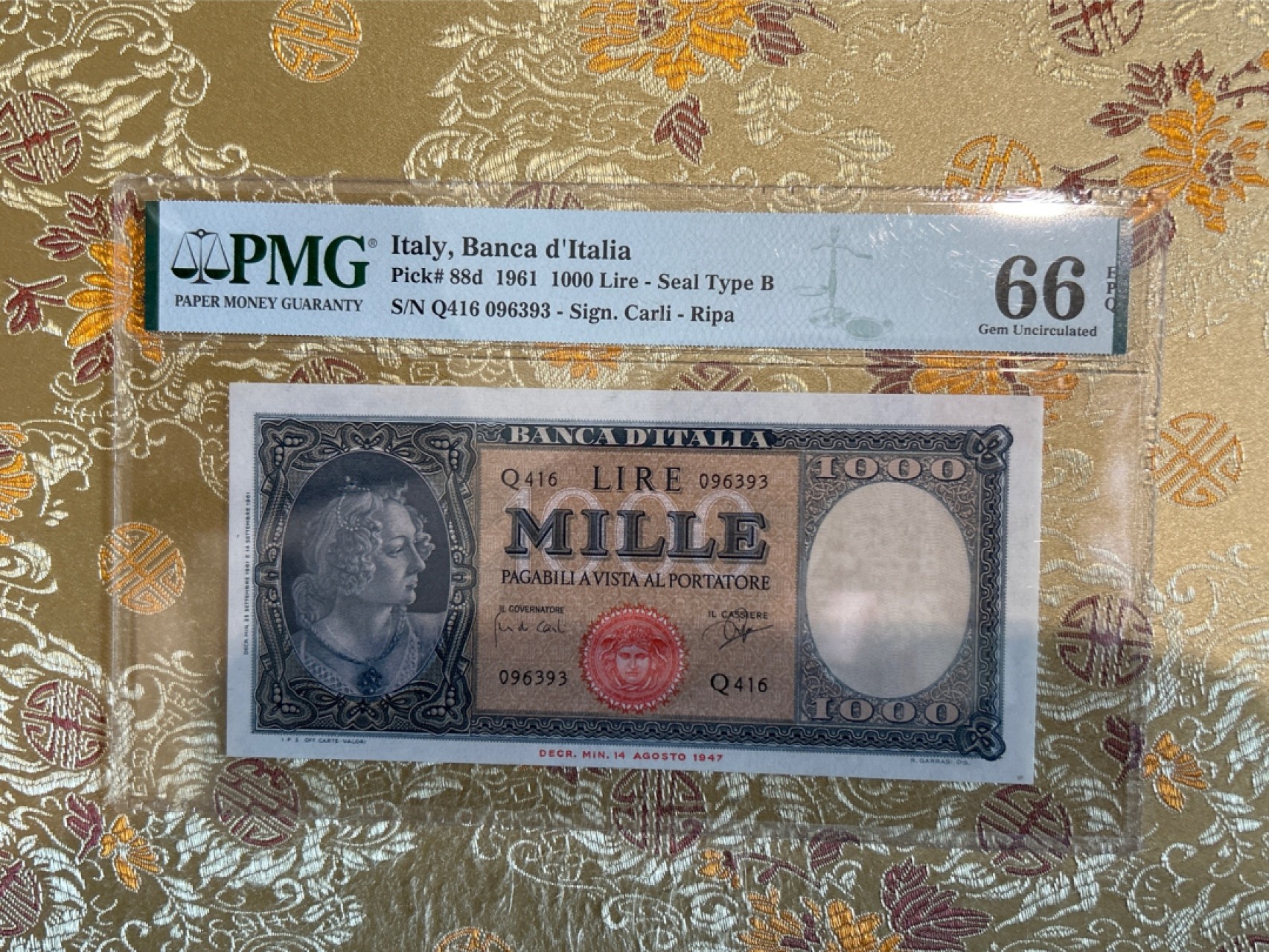 收藏联盟Quantum Auction 第259期拍卖 帝国余辉-印度新金山 意大利1961年1000里拉 PMG66 波提切利名画《春》的局部