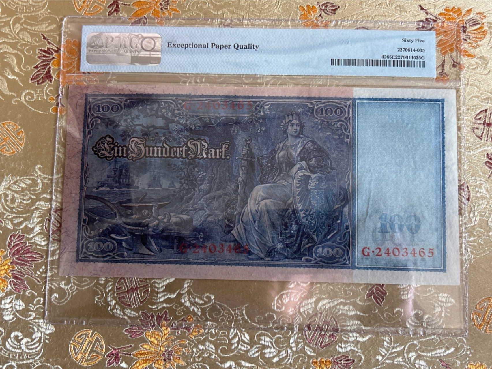 收藏联盟Quantum Auction 第261期拍卖  德国帝国银行1910年100马克 PMG65 超级大票幅