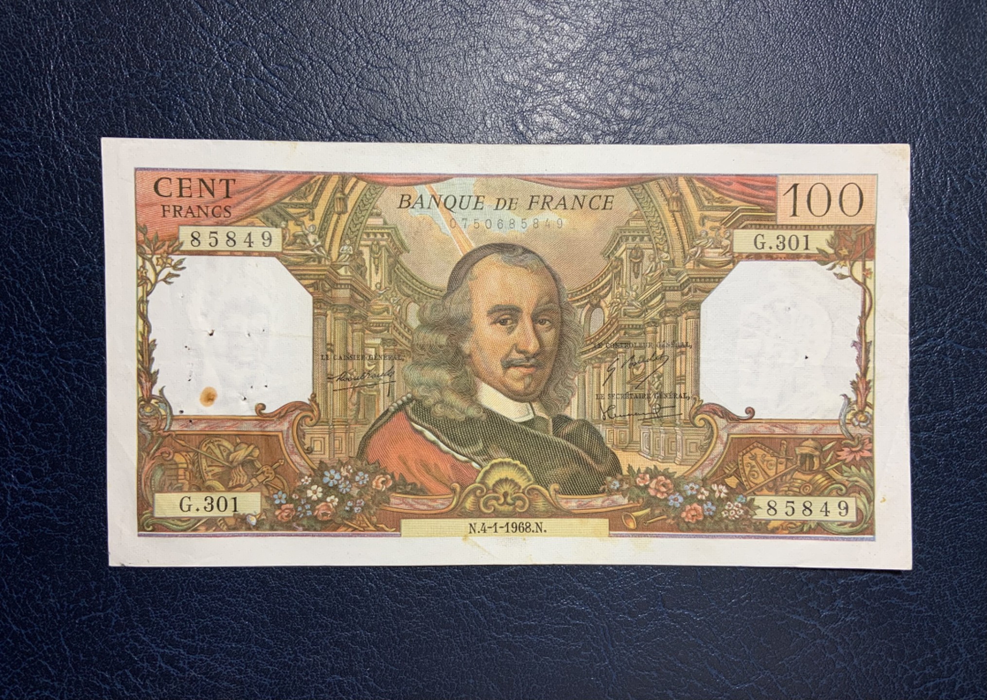 收藏联盟Quantum Auction 第259期拍卖 帝国余辉-印度新金山 法国1968年100法郎 非全新 品相如图 高乃依 