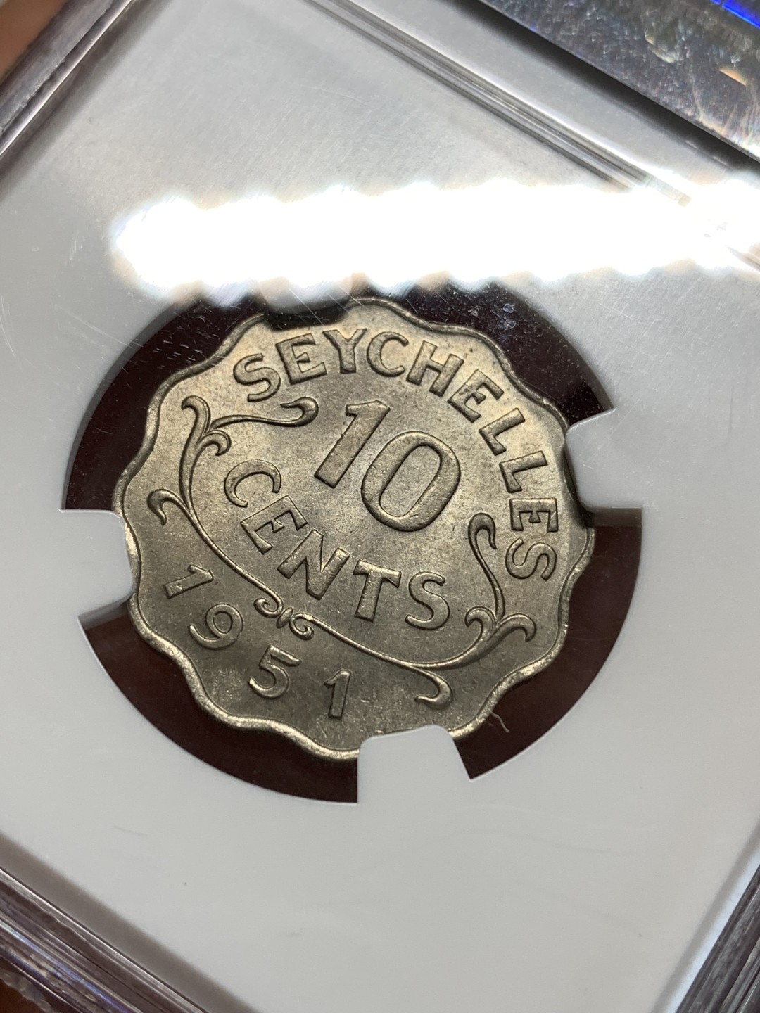 《竞宝斋》第164场-周日，周一，周四 3场 (全场包邮) NGC-MS64 1951年 英属塞舌尔 10C铜镍币